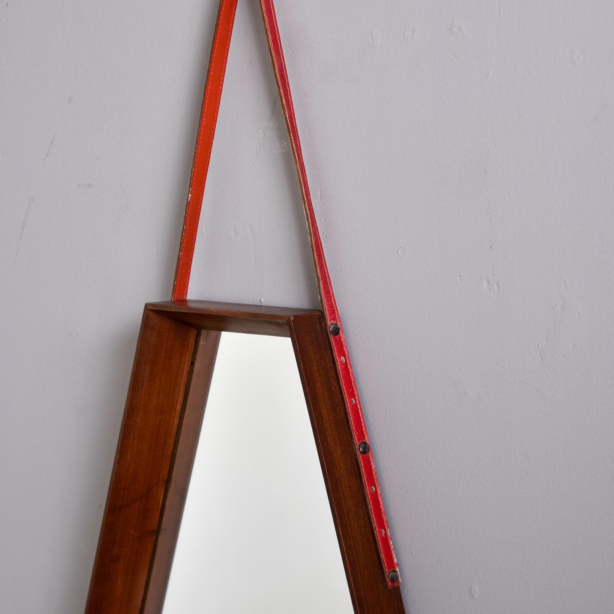 Mid Century Inset Mirror with Walnut Frame and Leather Hanging Strap For Sale 4