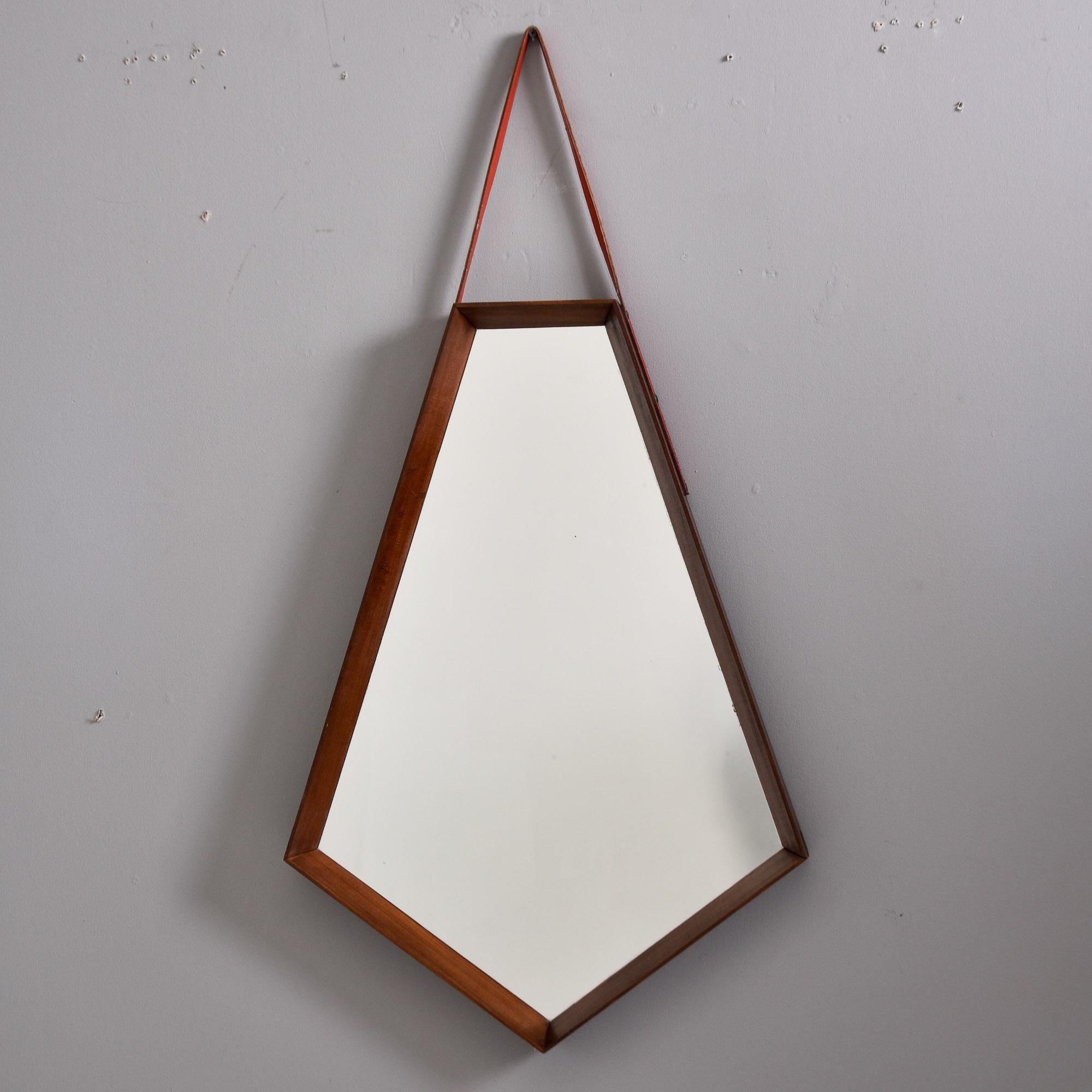Mid-Century Modern Mid Century Inset Mirror with Walnut Frame and Leather Hanging Strap For Sale