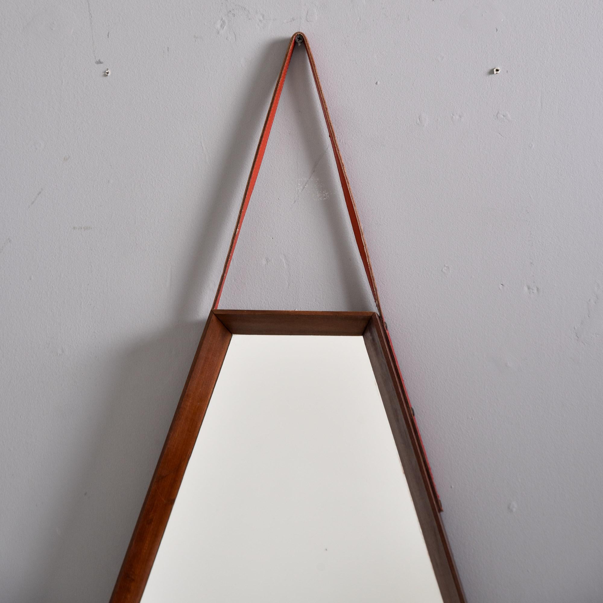 Italian Mid Century Inset Mirror with Walnut Frame and Leather Hanging Strap For Sale