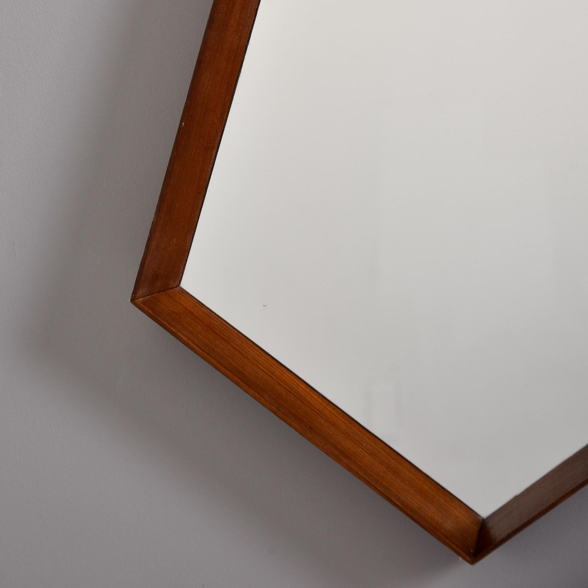 Mid Century Inset Mirror with Walnut Frame and Leather Hanging Strap For Sale 3