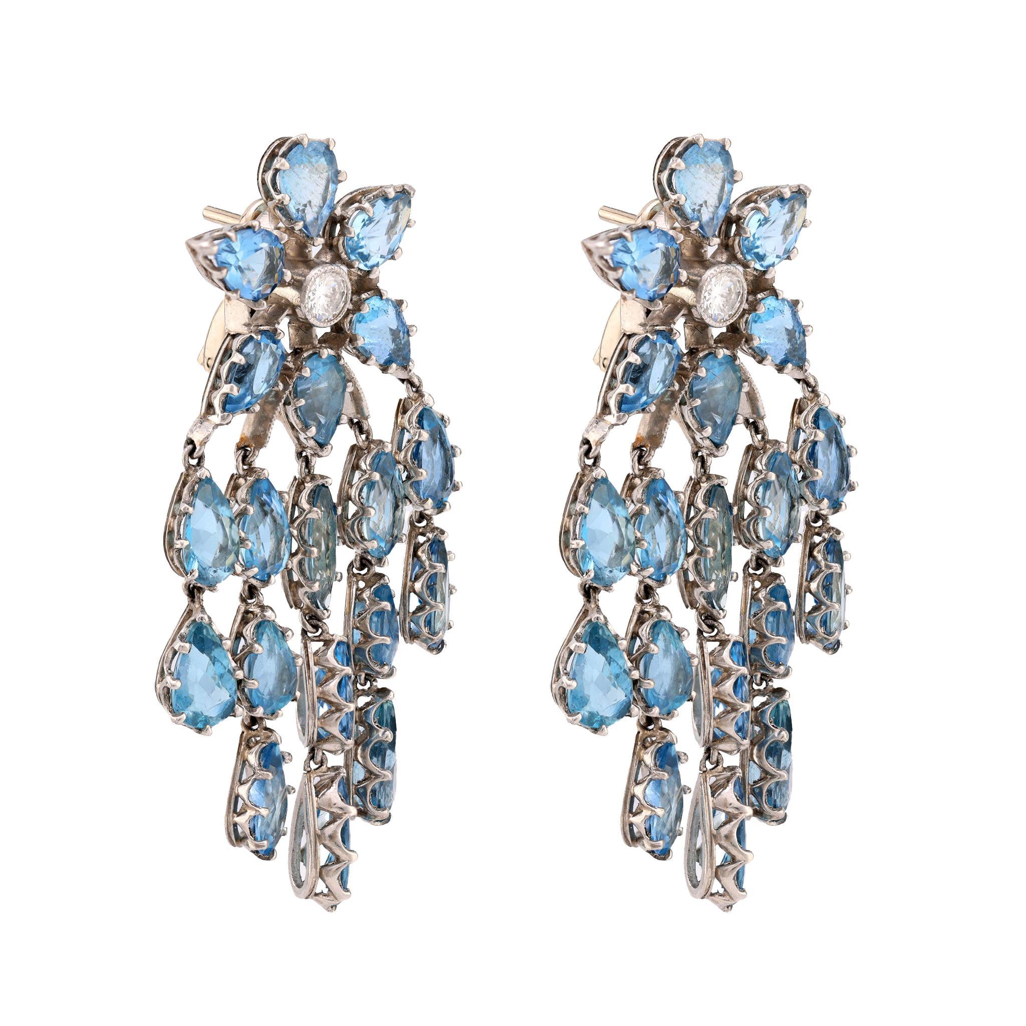 Modern Mid Century inspired 14 carat aquamarine diamond chandelier earrings For Sale