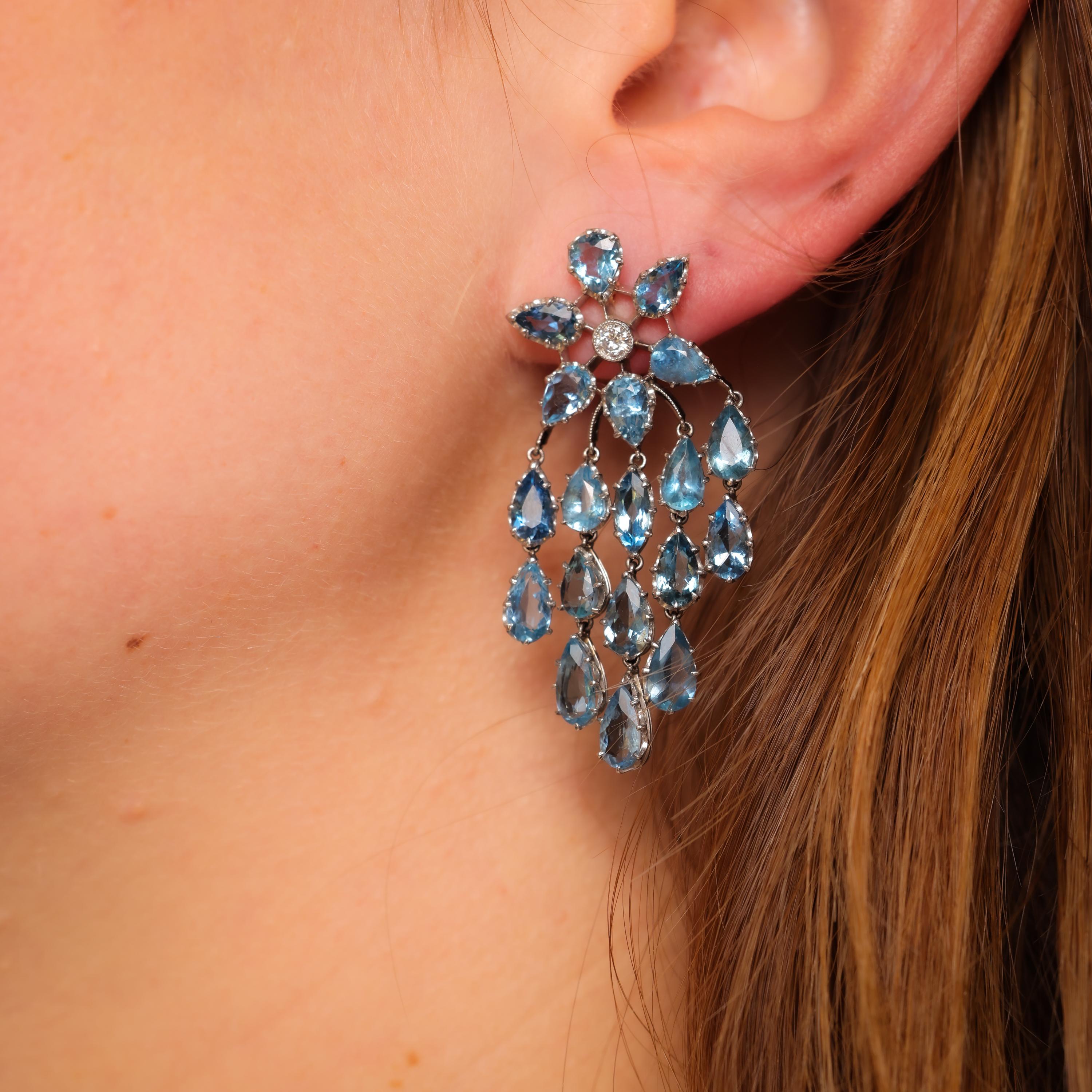 Pear Cut Mid Century inspired 14 carat aquamarine diamond chandelier earrings For Sale
