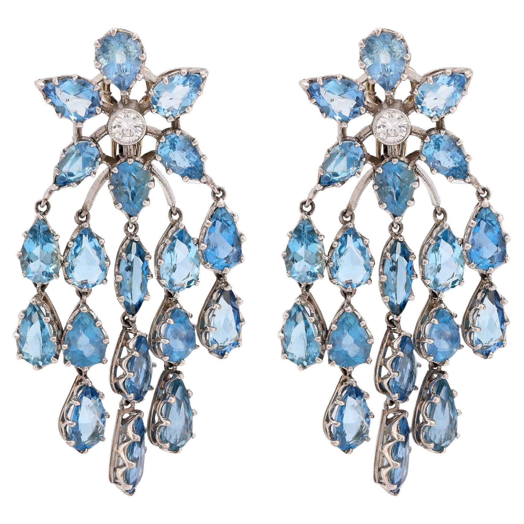 Mid Century inspired 14 carat aquamarine diamond chandelier earrings For Sale