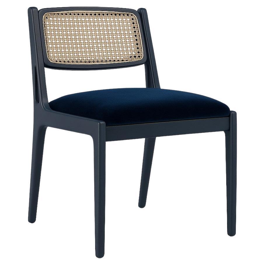 Mid-Century inspirierter Rattan-Esszimmerstuhl mit blauem Anilinrahmen/Blauem Samt