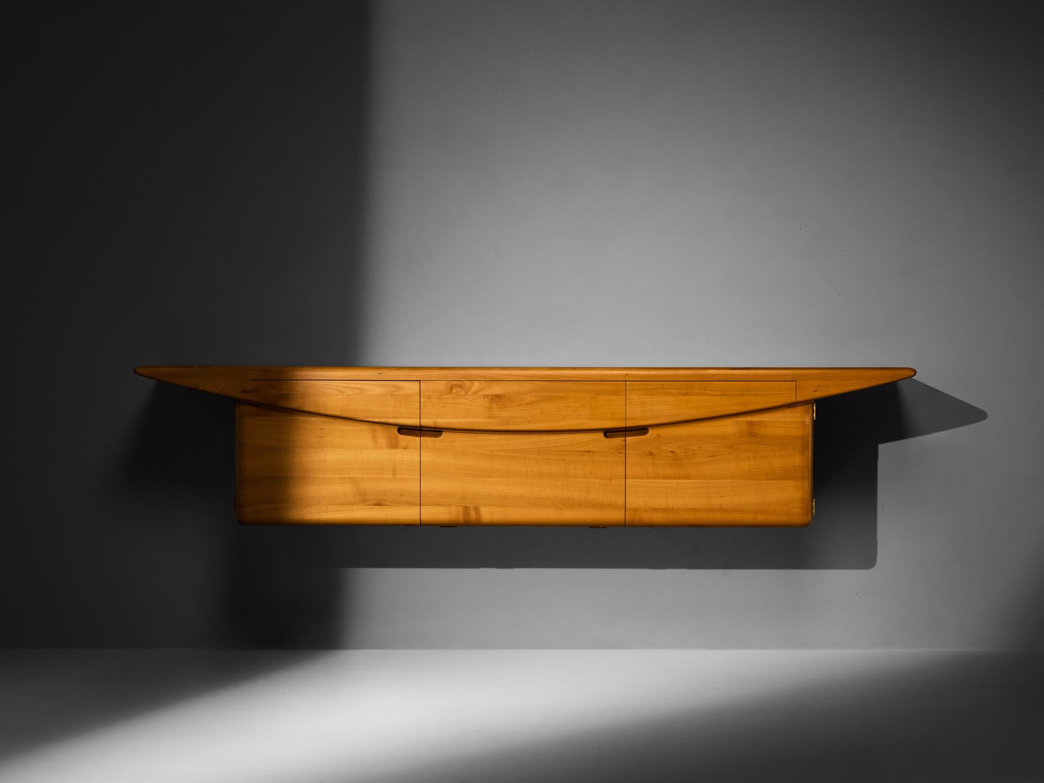Mid-Century Modern Mid-Century Inspired Sculptural Wall Mounted Sideboard in Solid Elm & Brass For Sale