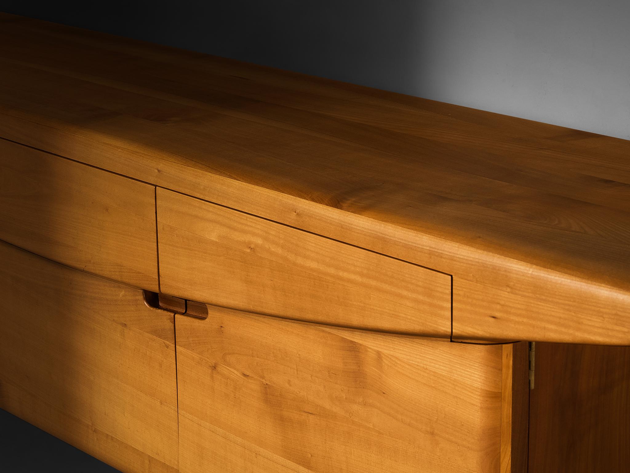 European Mid-Century Inspired Sculptural Wall Mounted Sideboard in Solid Elm & Brass For Sale