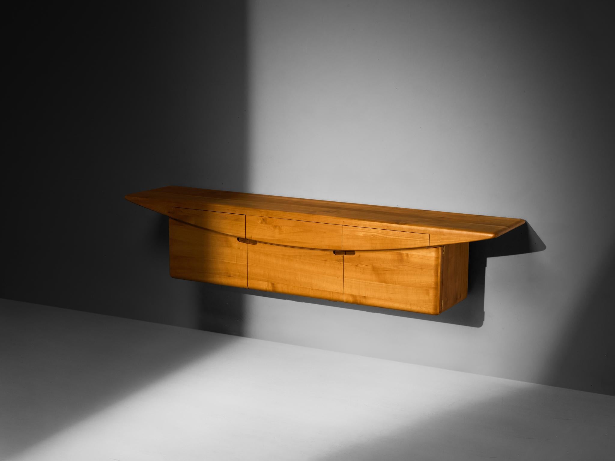 Late 20th Century Mid-Century Inspired Sculptural Wall Mounted Sideboard in Solid Elm & Brass For Sale