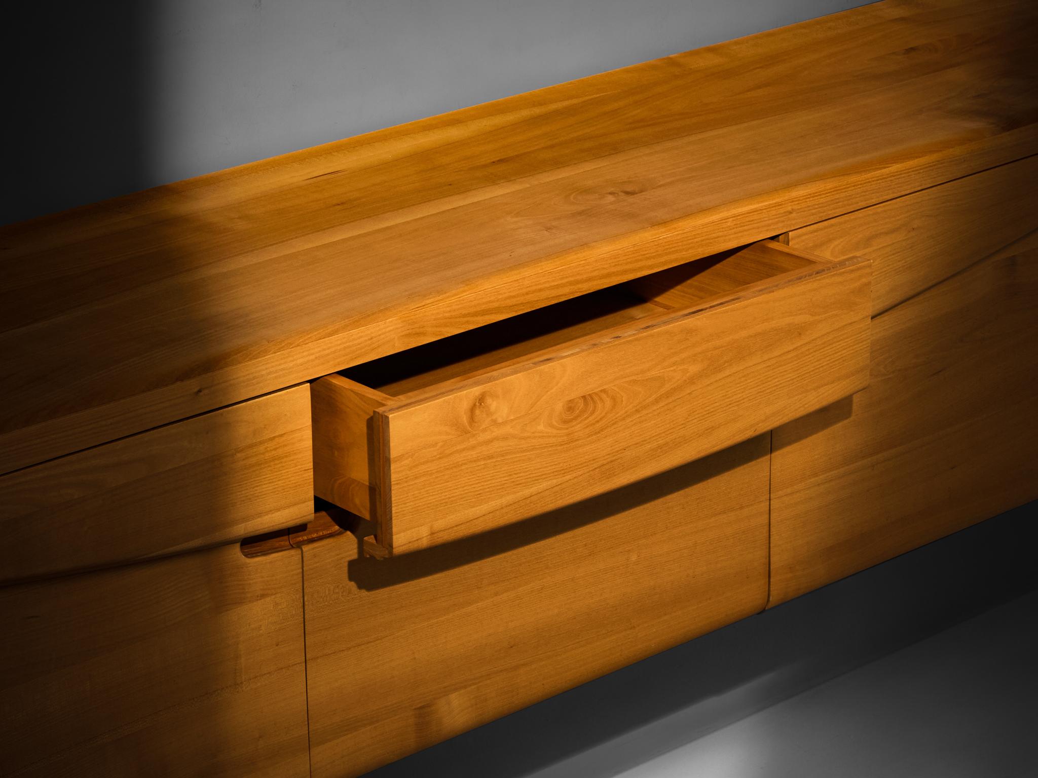 Mid-Century Inspired Sculptural Wall Mounted Sideboard in Solid Elm & Brass For Sale 1