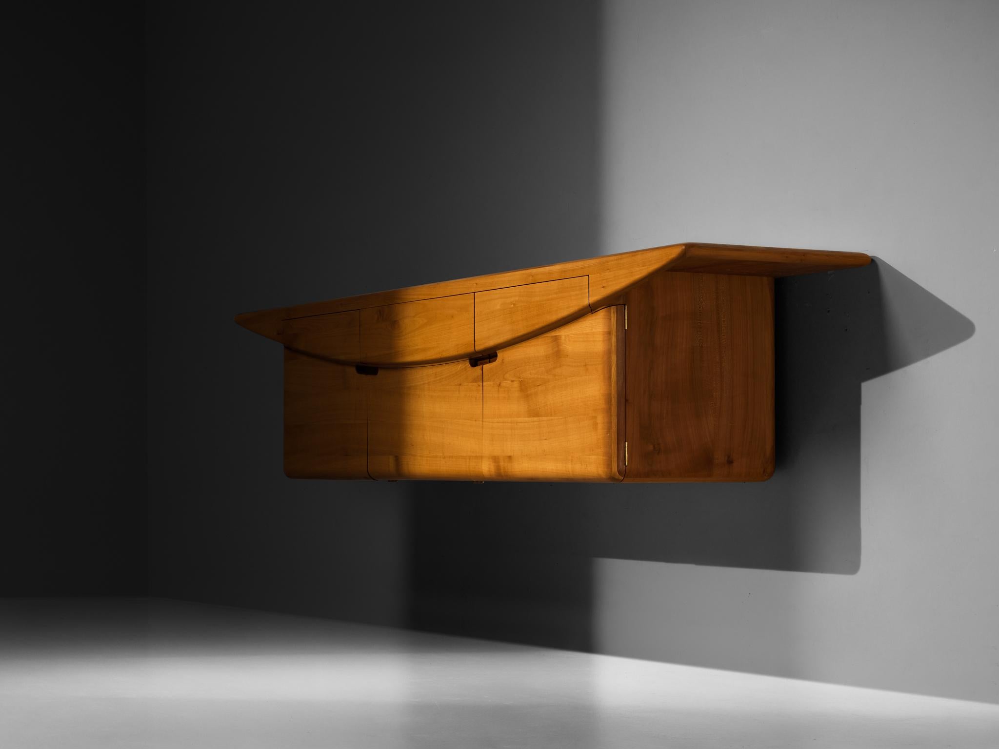 Mid-Century Inspired Sculptural Wall Mounted Sideboard in Solid Elm & Brass For Sale 2