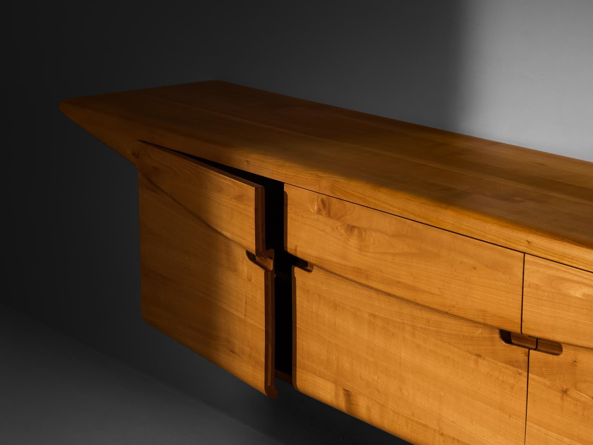 Mid-Century Inspired Sculptural Wall Mounted Sideboard in Solid Elm & Brass For Sale 3