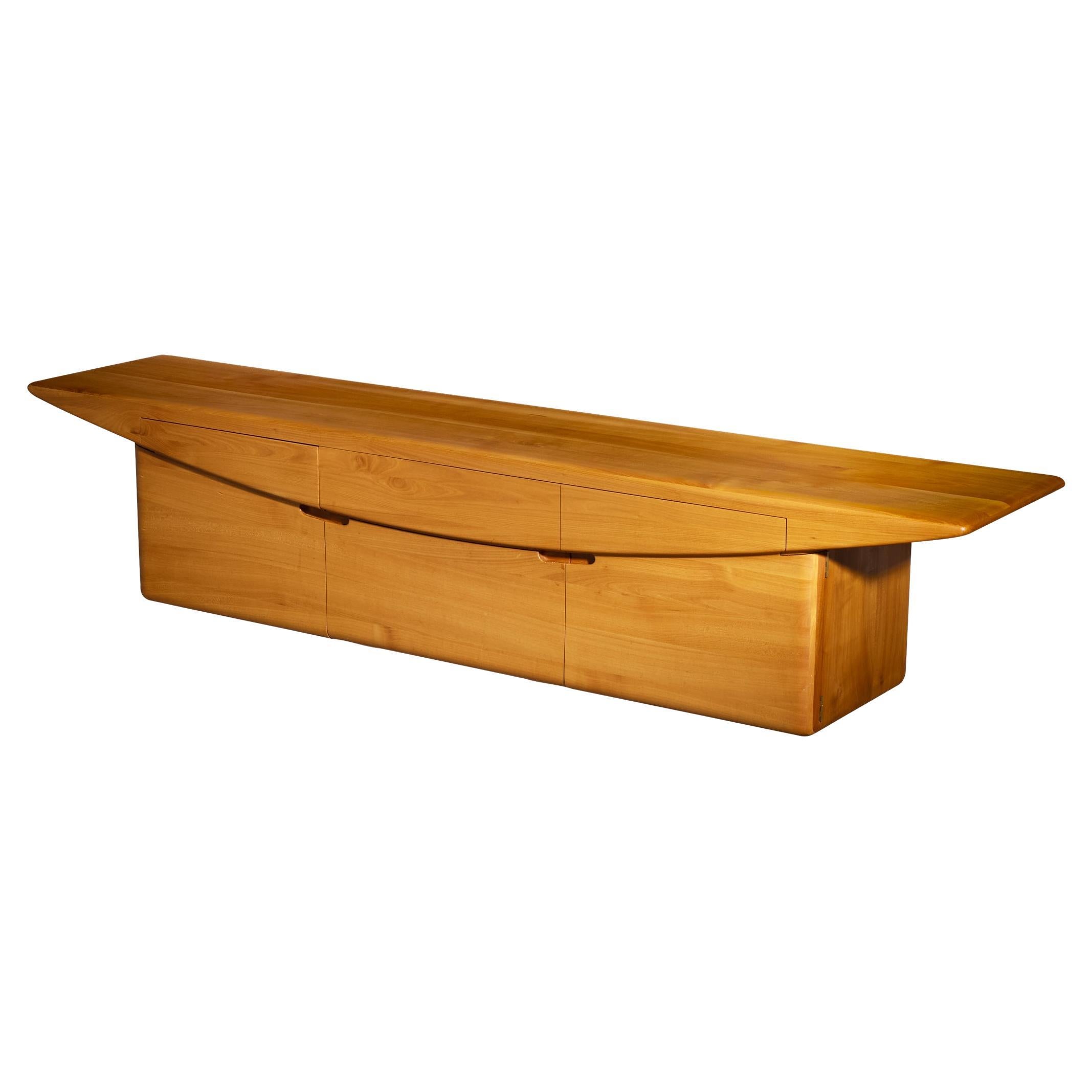 Mid-Century Inspired Sculptural Wall Mounted Sideboard in Solid Elm & Brass For Sale