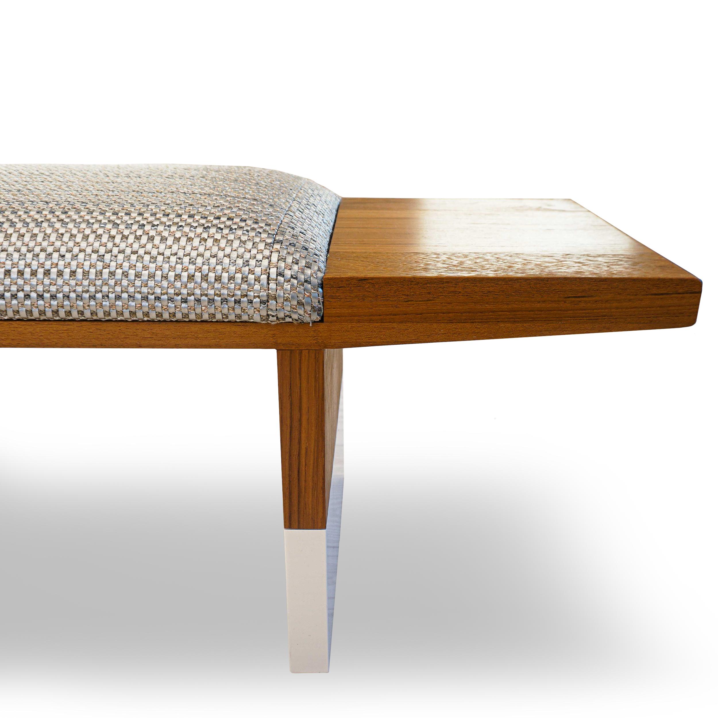 Mid-Century Inspired Teak Bench with White Lacquer Dipped Legs For Sale 4