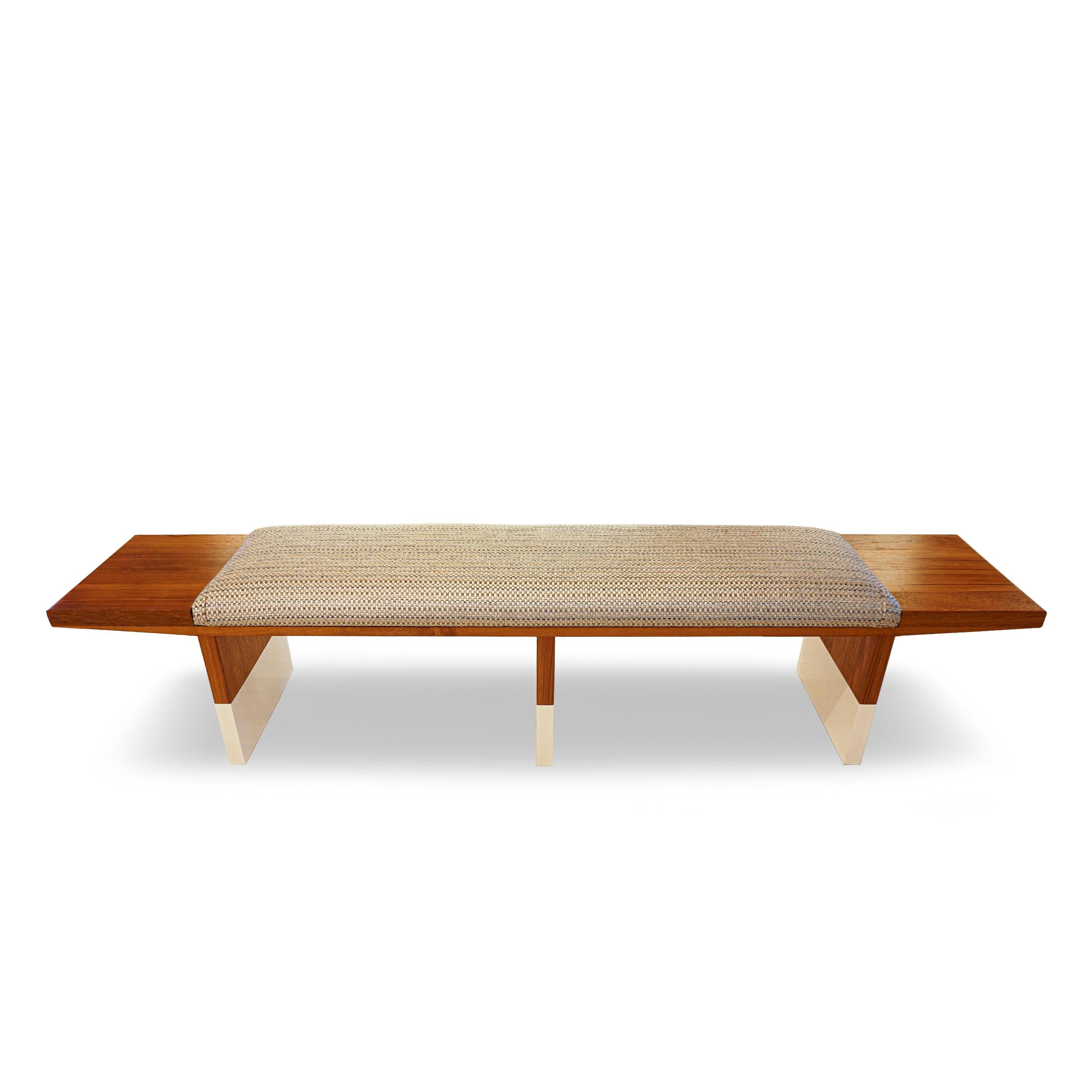 Modern Mid-Century Inspired Teak Bench with White Lacquer Dipped Legs For Sale