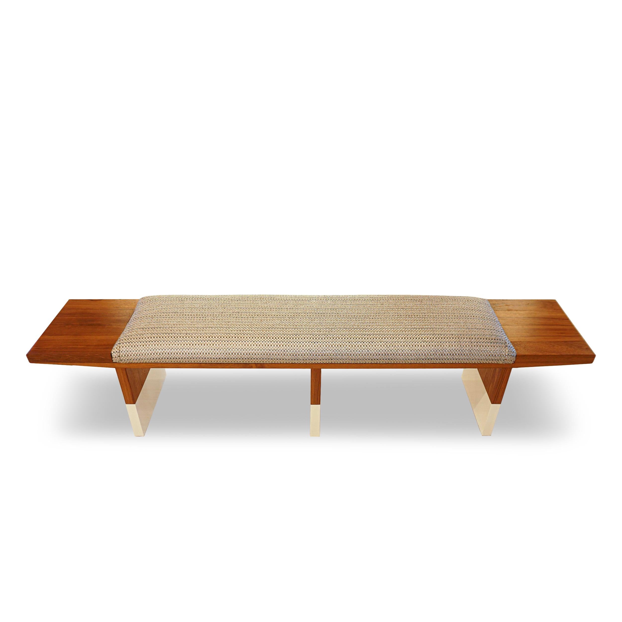 American Mid-Century Inspired Teak Bench with White Lacquer Dipped Legs For Sale