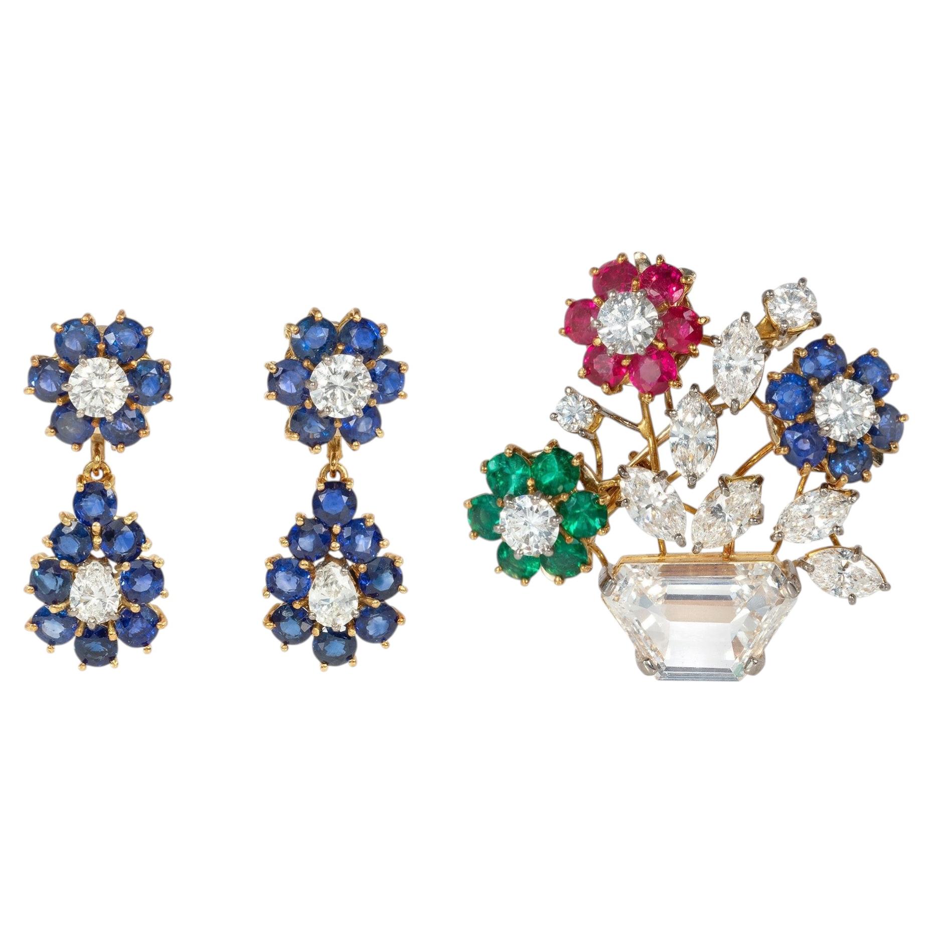 Set di spilla e orecchini intercambiabili con pietre preziose, in stile Mid-Century in vendita