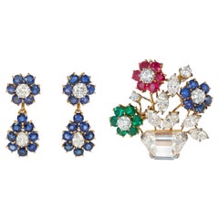 Mid-Century interchangeable multi-gem brooch and earrings set
