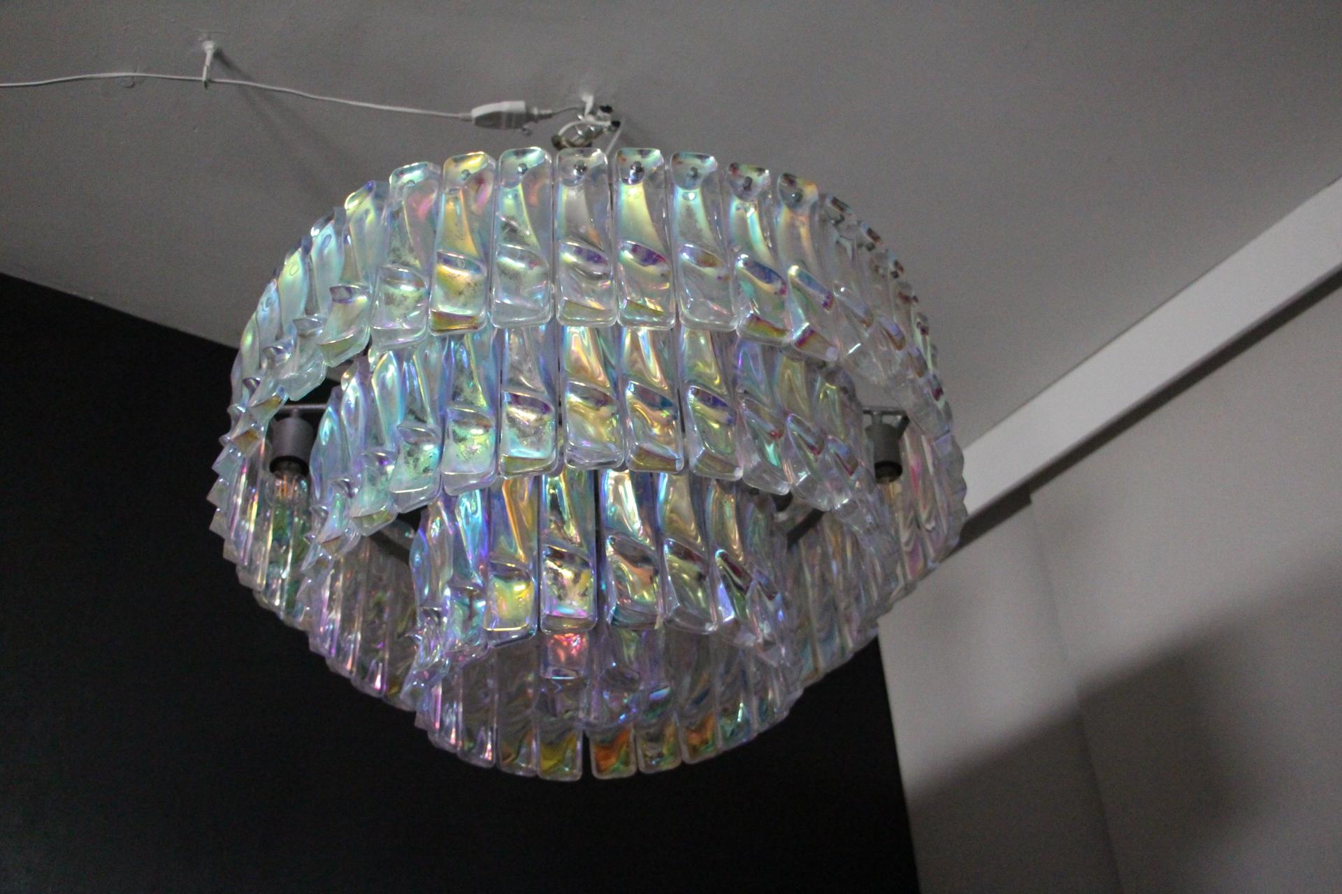 Italian Mid Century Iridescent Chandelier, Multi Color Venini Style Chandelier For Sale