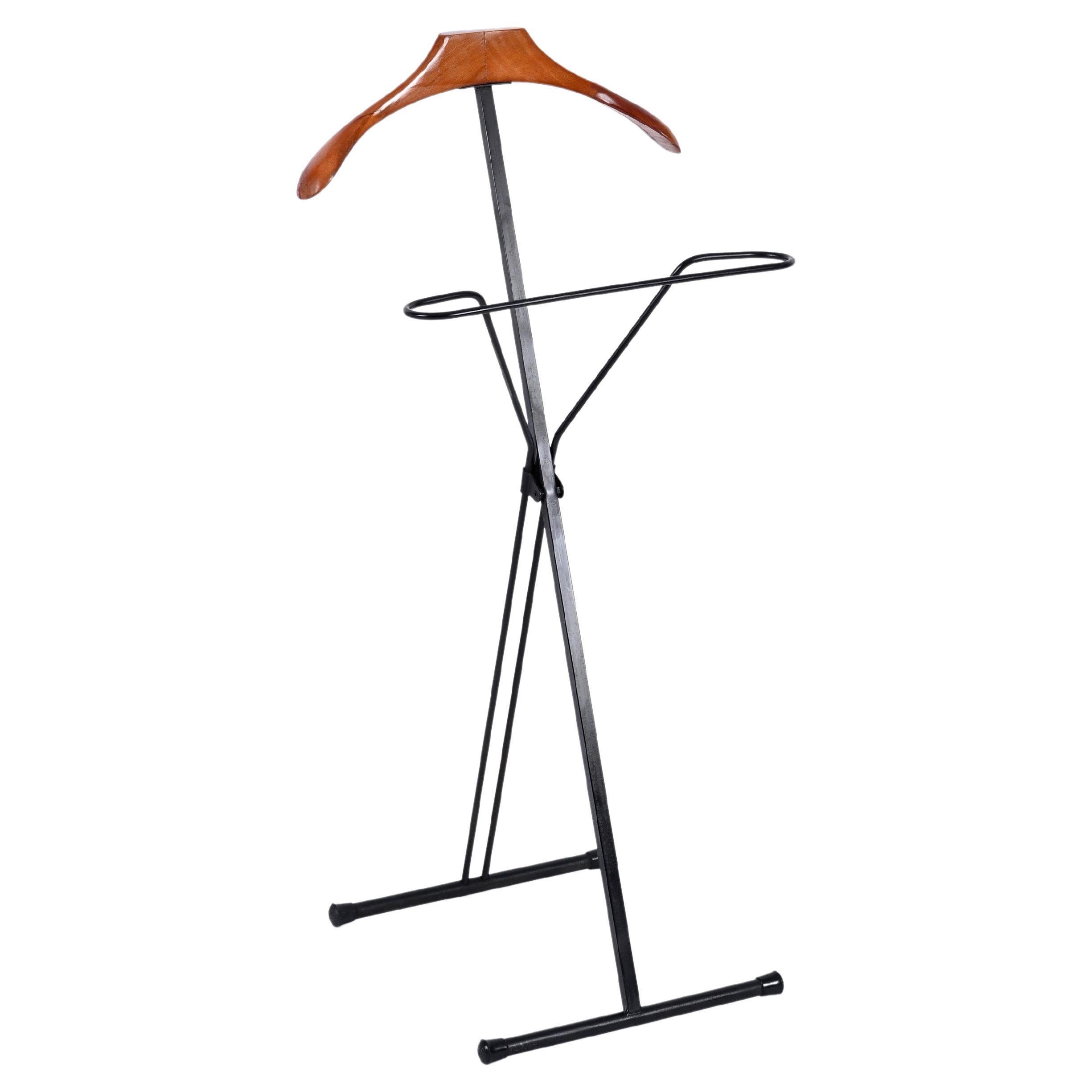 Mid-Century Iron and Beech Wood Italian Foldable Valet Stand, Italy 1960s For Sale