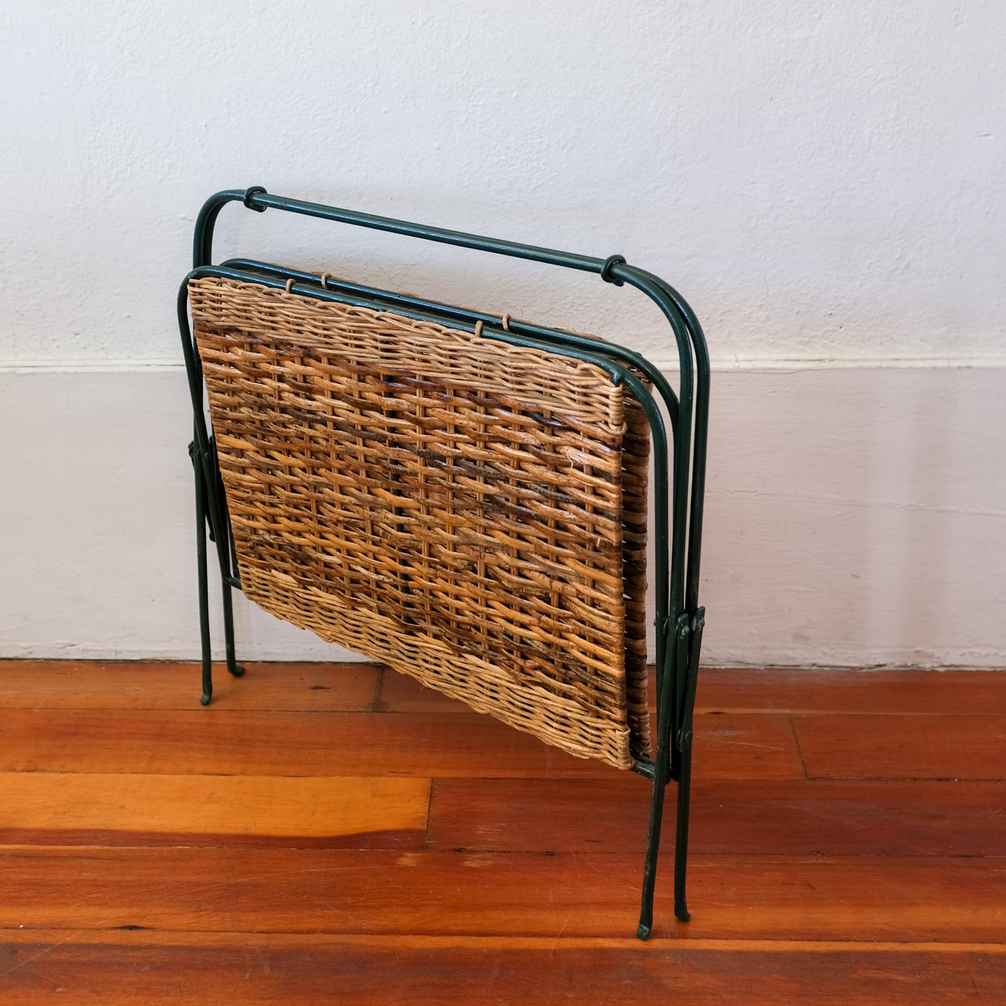 Midcentury Iron and Cane Magazine Rack In Good Condition In San Diego, CA