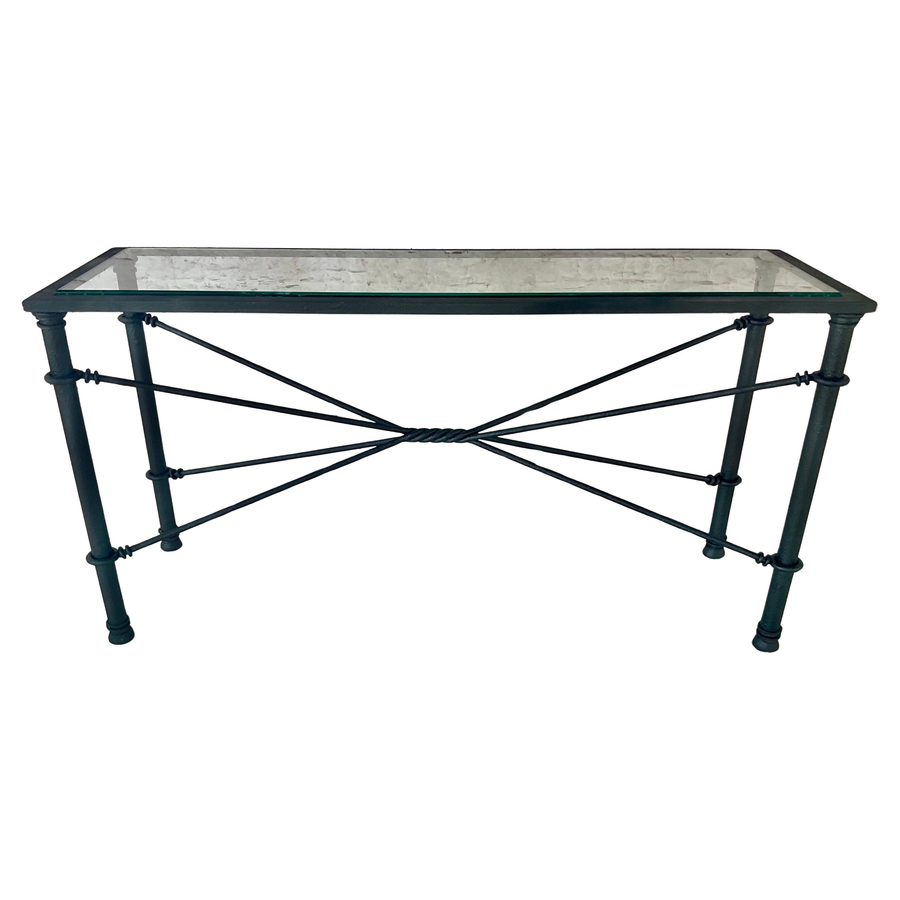 Brutalist Mid Century Iron and Glass Console Table For Sale