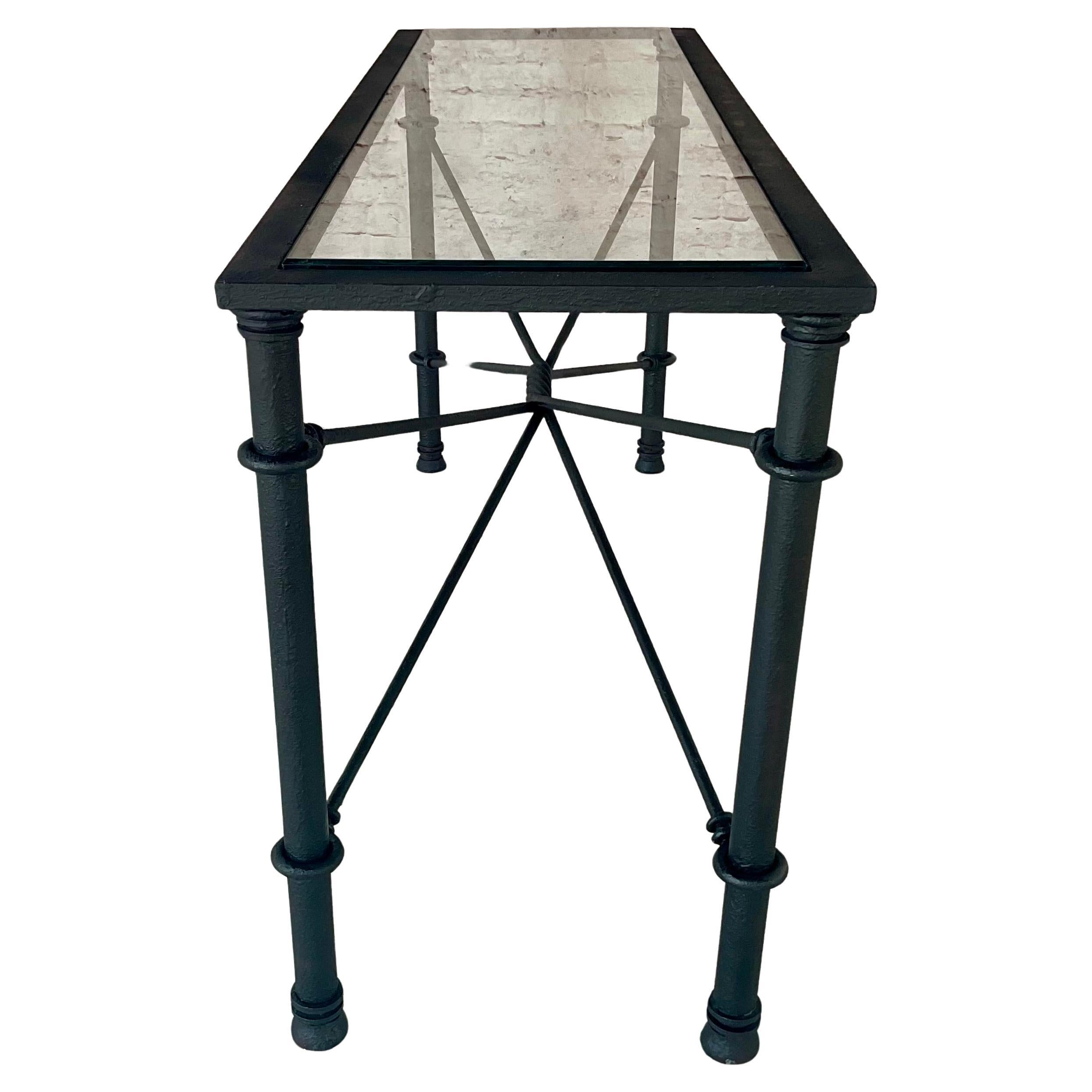 Mid Century Iron and Glass Console Table For Sale 2