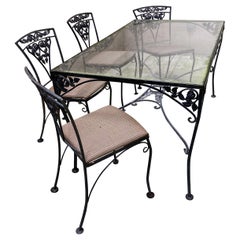 Midcentury Iron and Glass Outdoor Dining Table and 4 Chairs