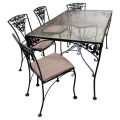 Retro Midcentury Iron and Glass Outdoor Dining Table and 4 Chairs