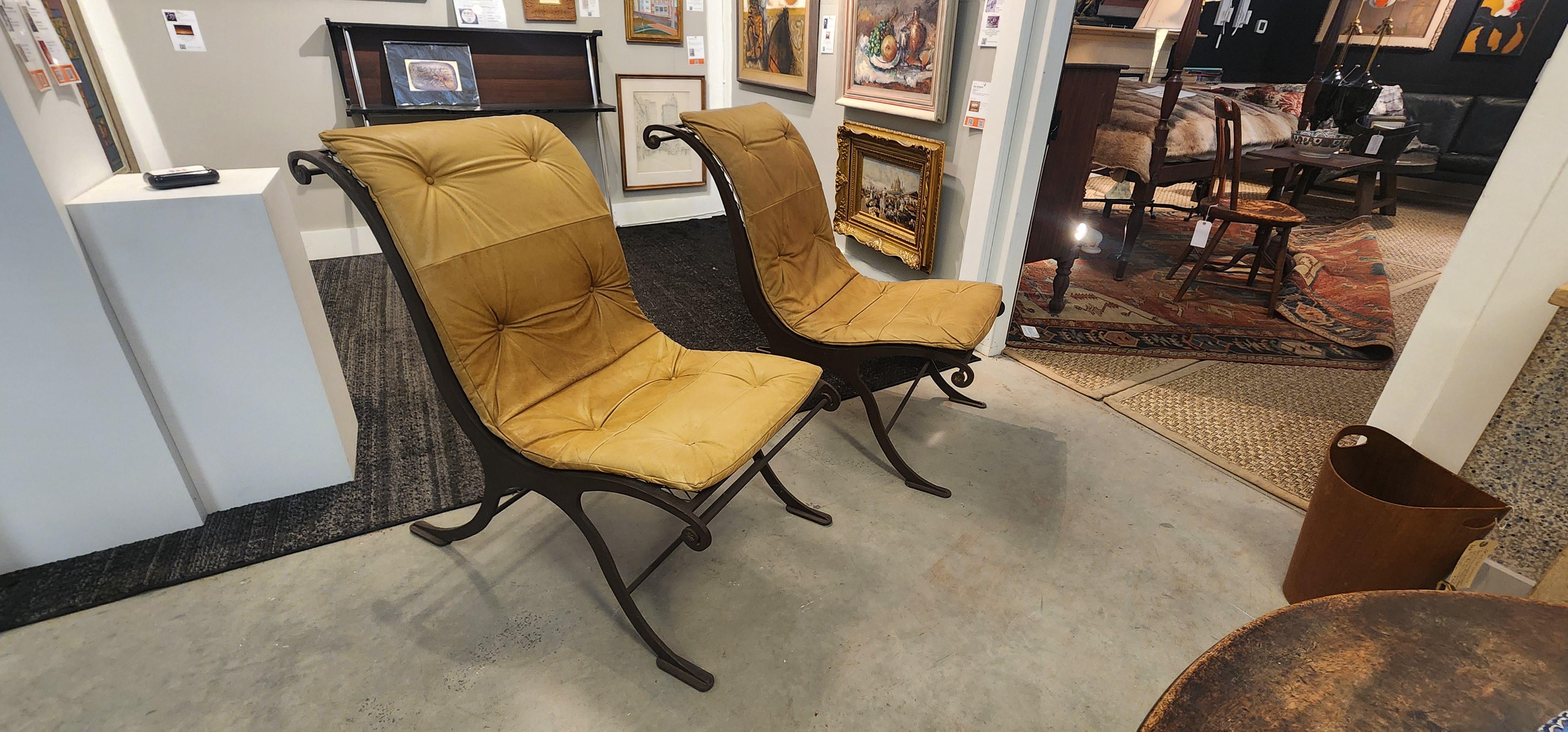Beautiful pair of custom handmade iron and leather chairs. Well sized and beautifully comfortable. The leather has a most beautiful patina. These are very comfortable and stylish.
This item is now on view at the Berkshire galleries of Great