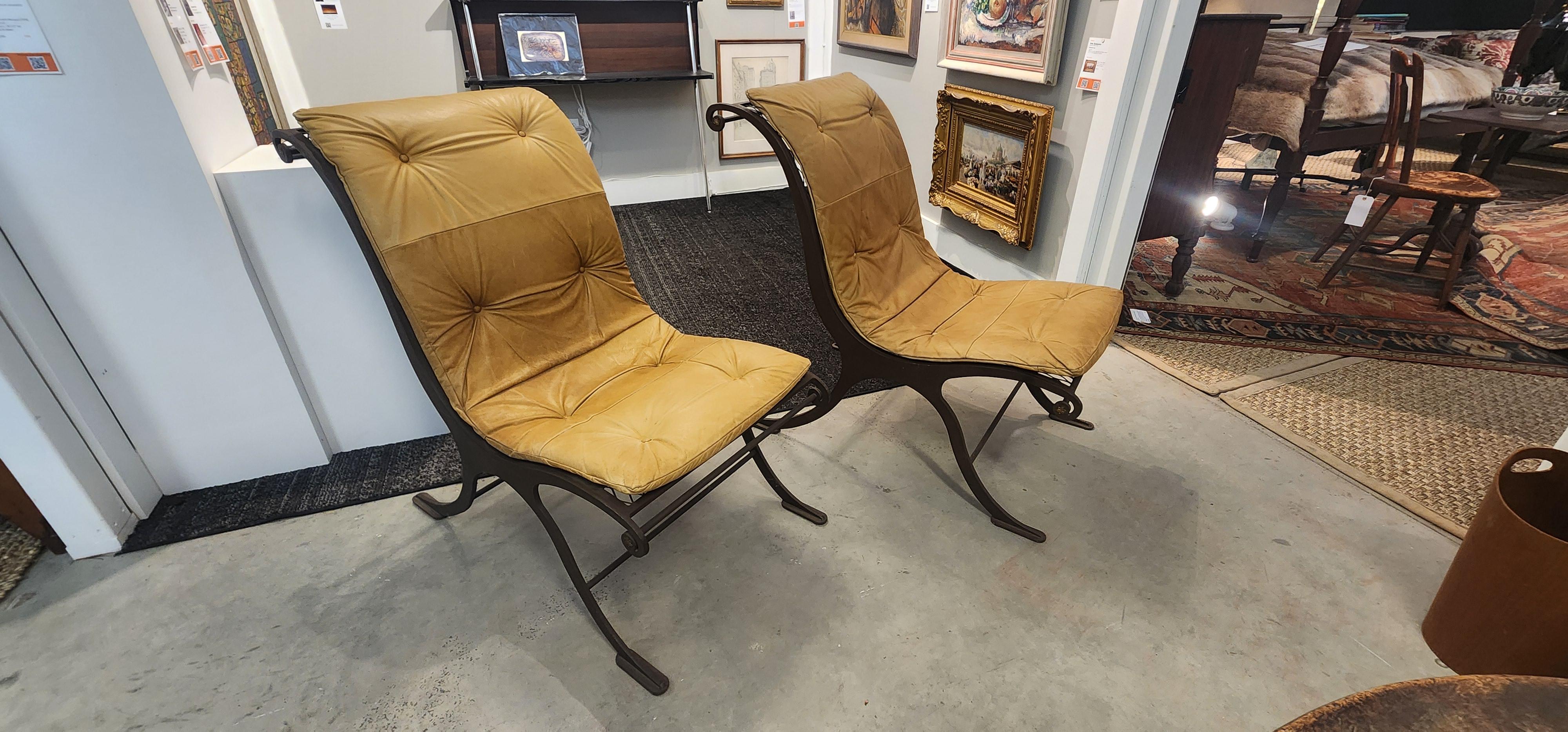 Mid-Century Modern Mid Century Iron and Leather Campeche Chairs For Sale