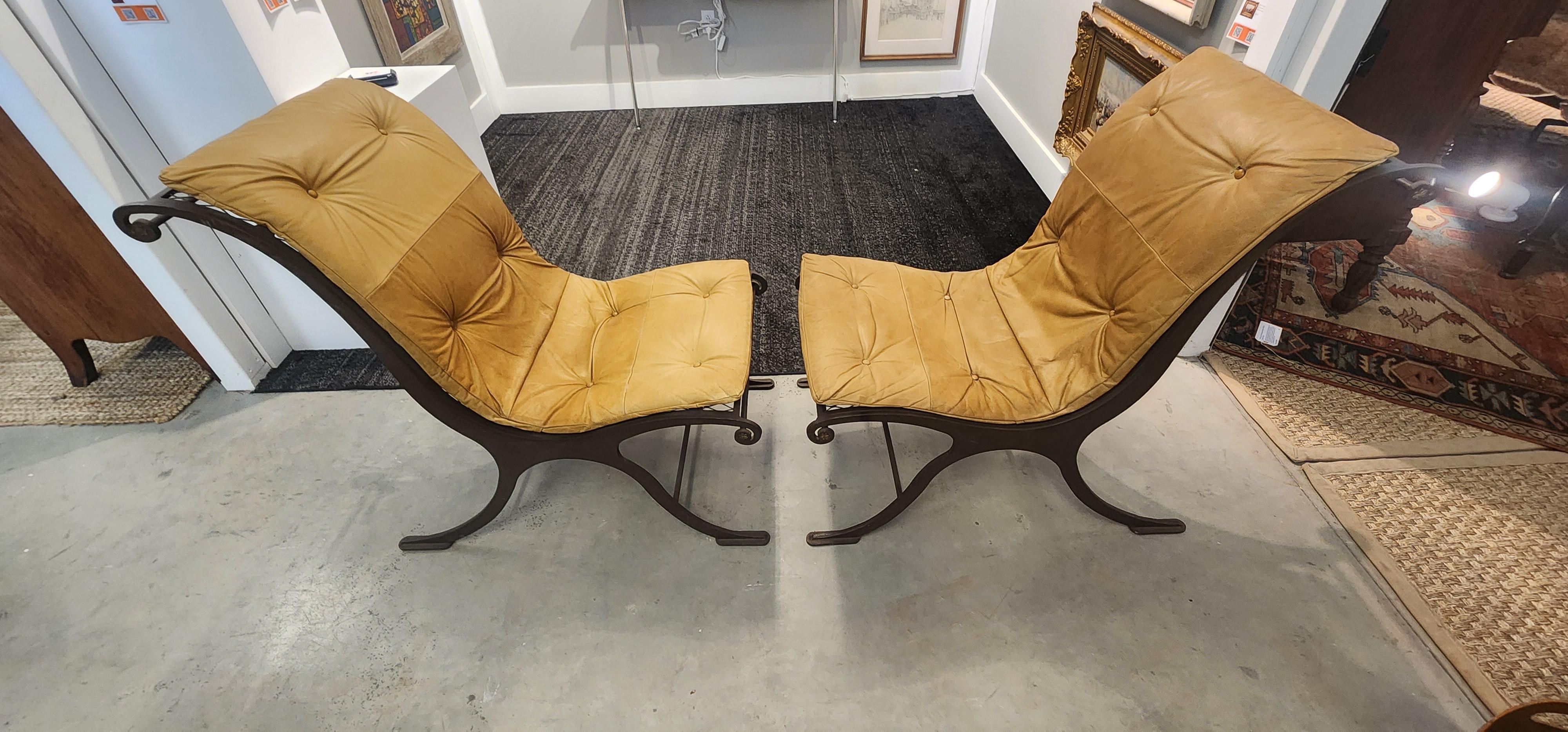 North American Mid Century Iron and Leather Campeche Chairs For Sale