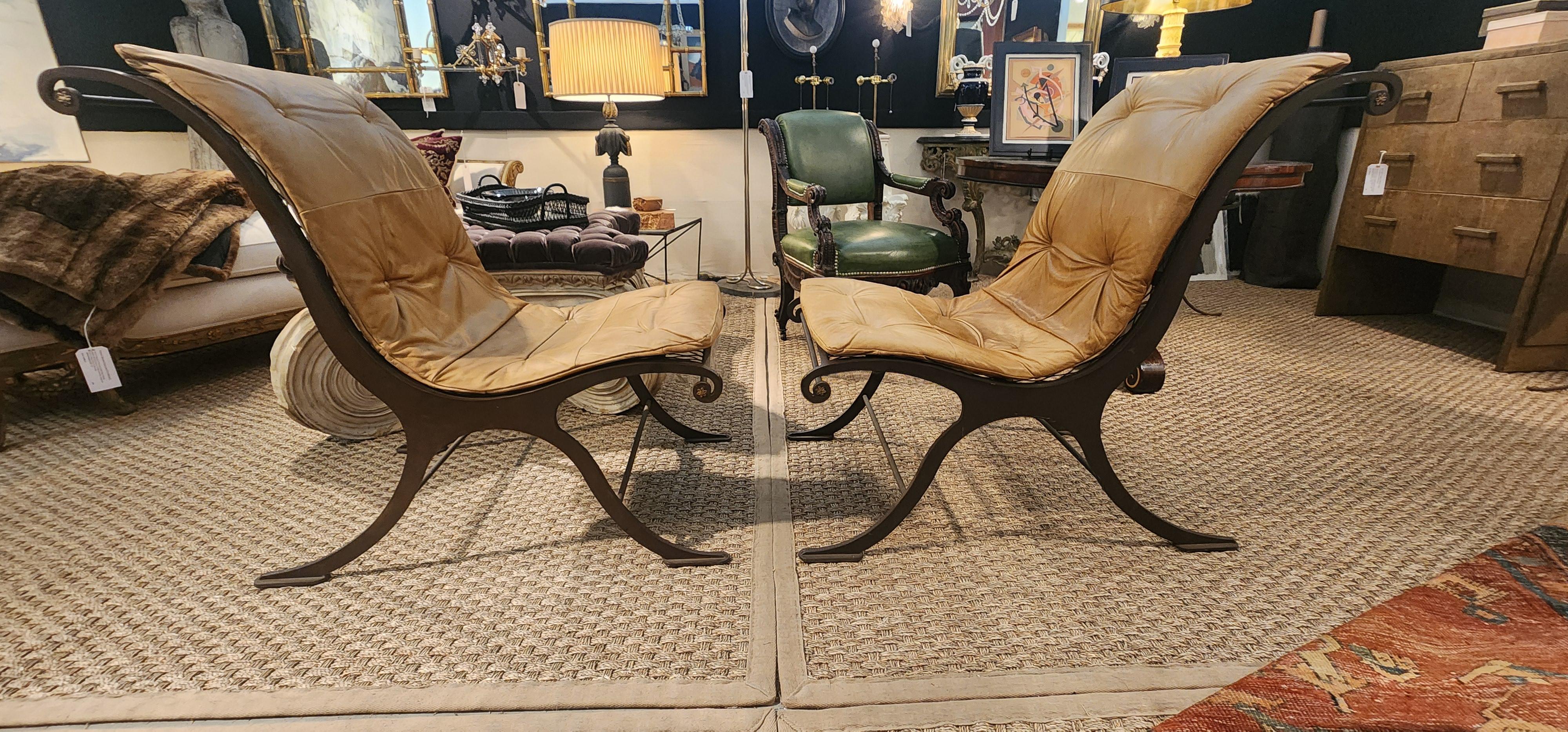 Hand-Crafted Mid Century Iron and Leather Campeche Chairs For Sale