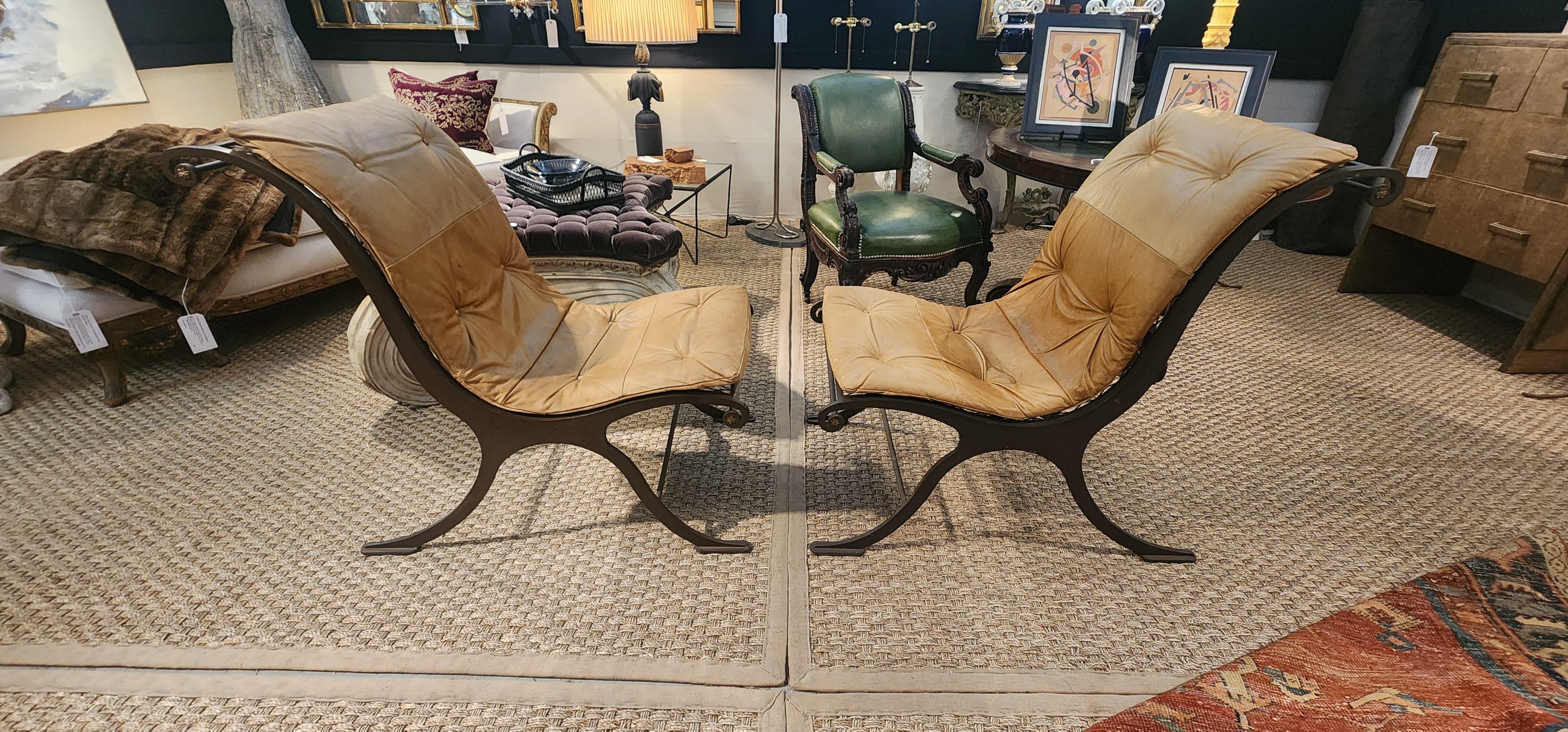 Mid Century Iron and Leather Campeche Chairs In Good Condition For Sale In Hudson, NY