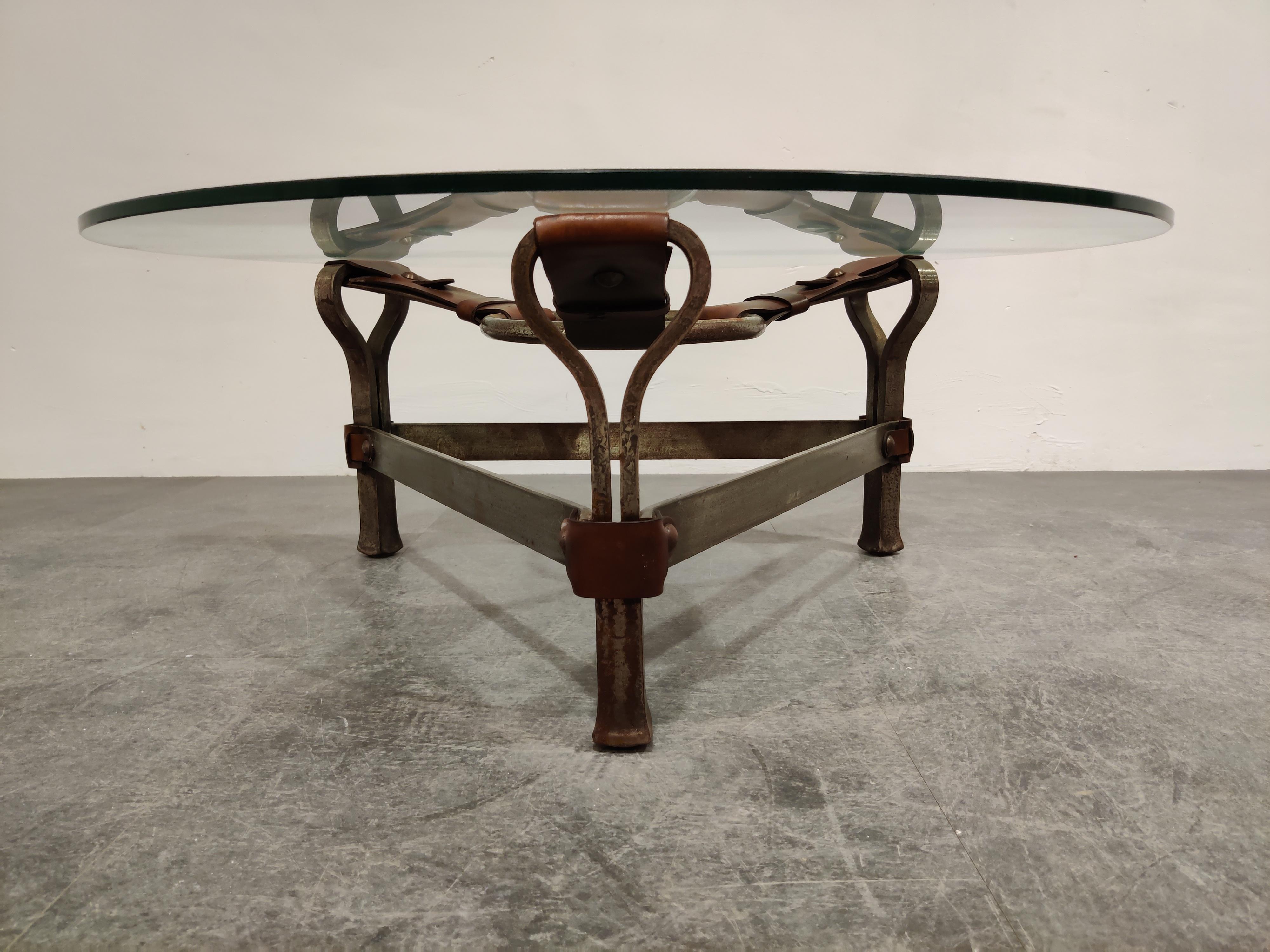 Mid-Century Modern Midcentury Iron and Leather Coffee Table by Jacques Adnet, 1960s