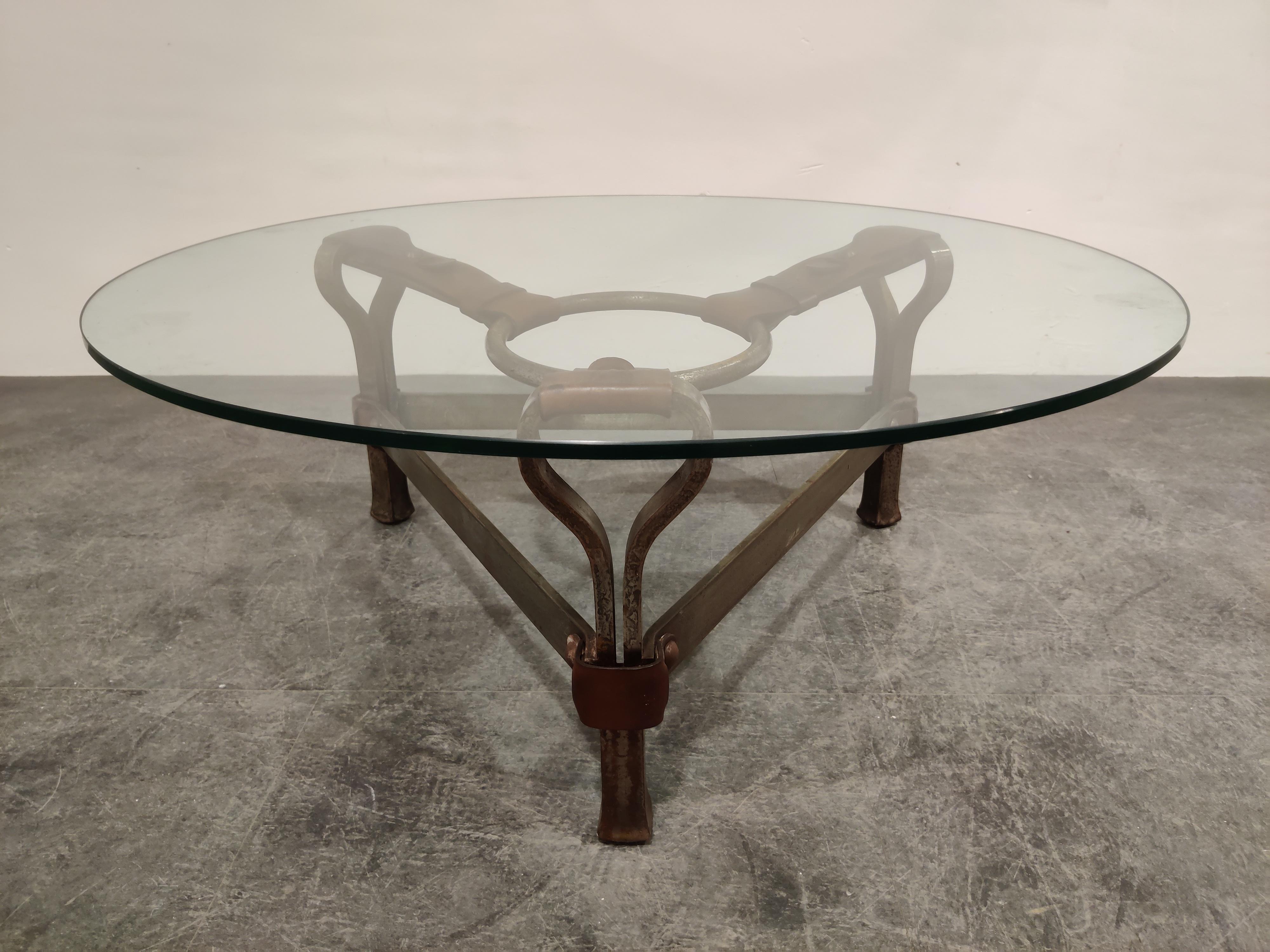 French Midcentury Iron and Leather Coffee Table by Jacques Adnet, 1960s