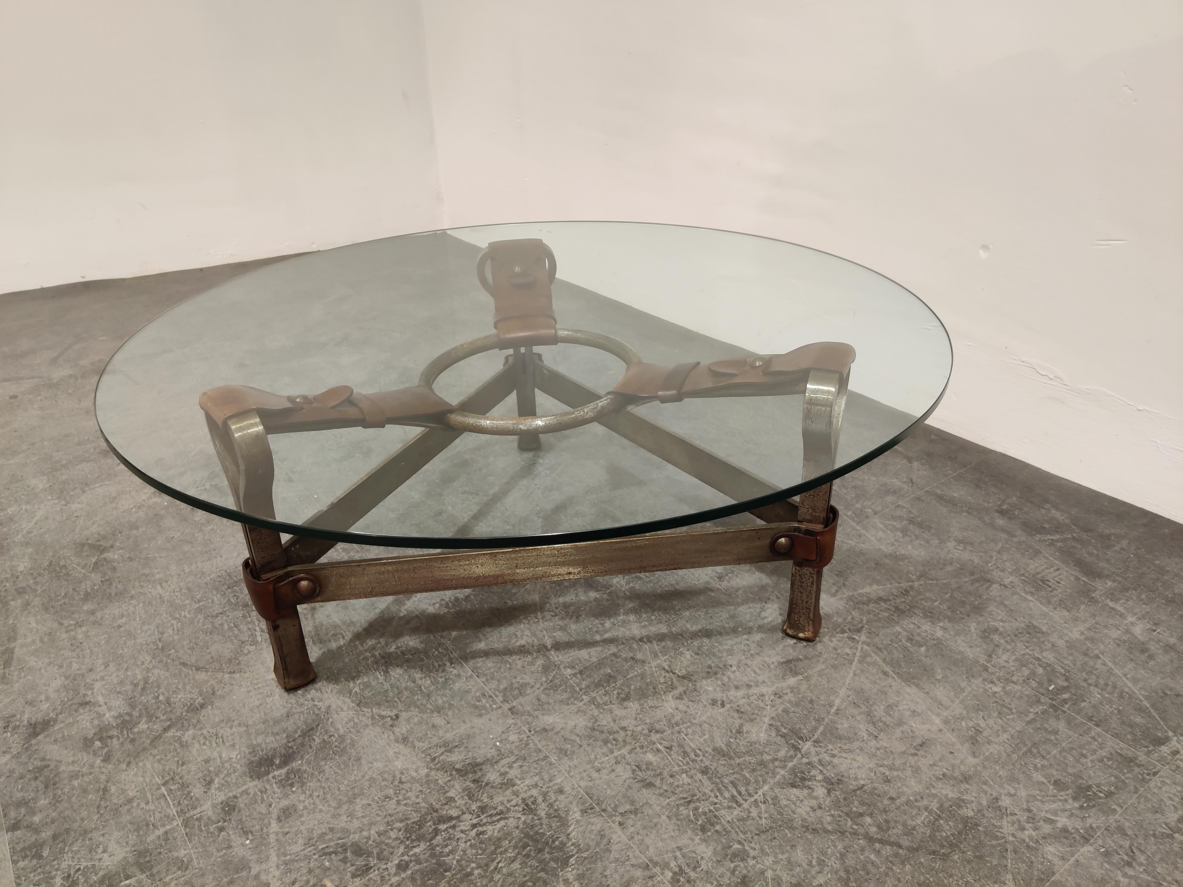 Mid-20th Century Midcentury Iron and Leather Coffee Table by Jacques Adnet, 1960s