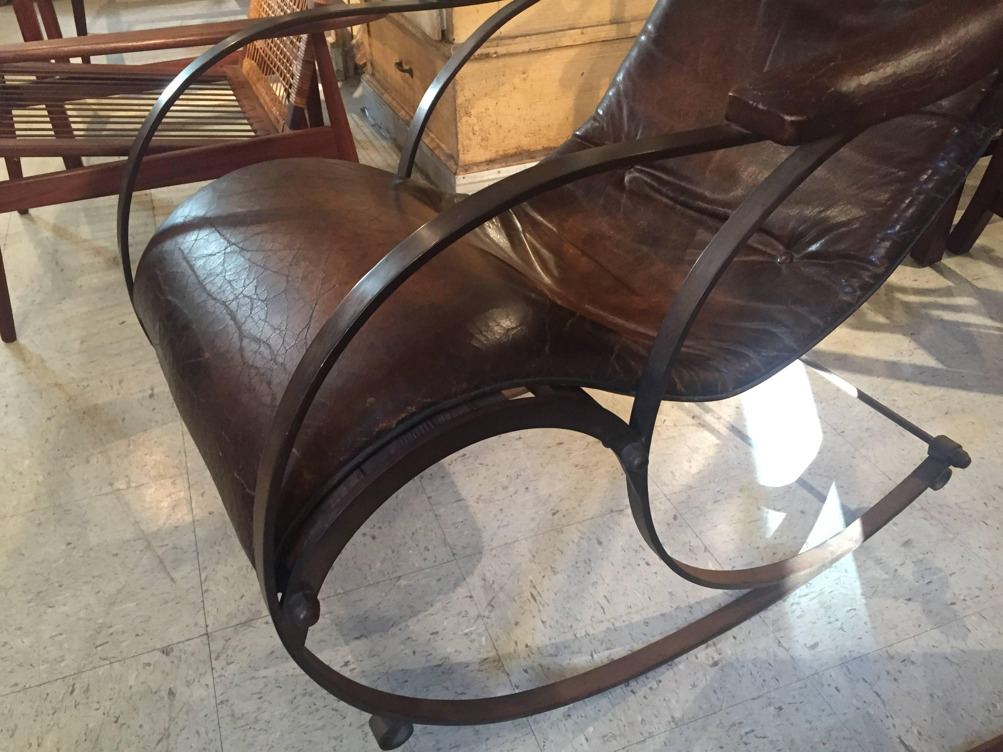 Midcentury Iron and Leather Rocking Chair In Excellent Condition For Sale In North Beninngton, VT