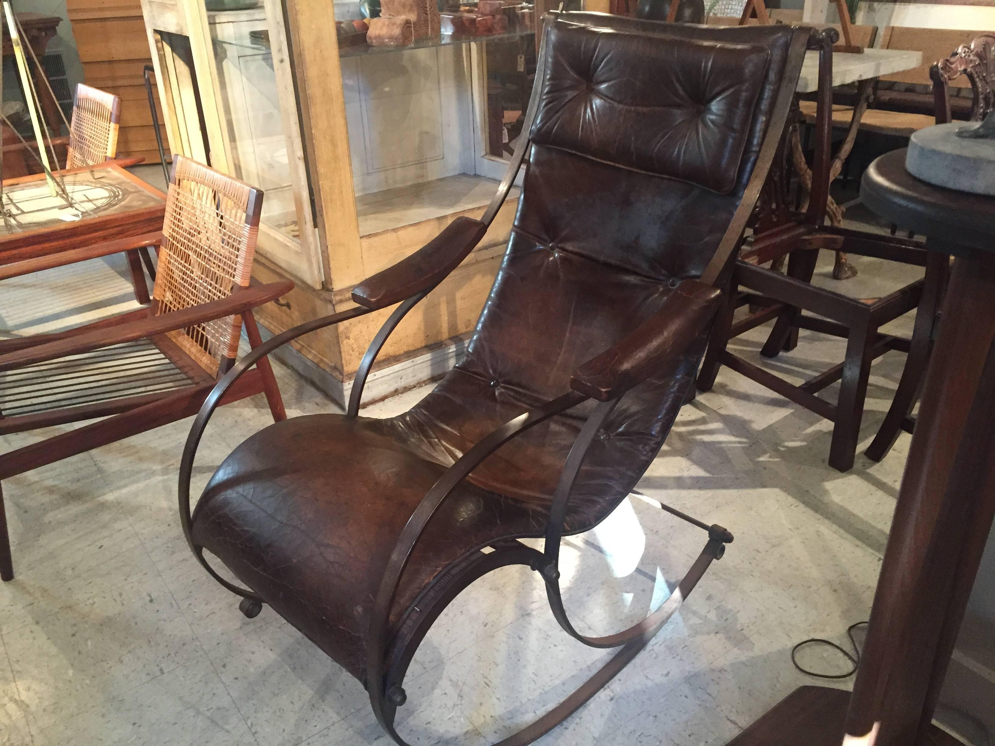 Mid-20th Century Midcentury Iron and Leather Rocking Chair For Sale