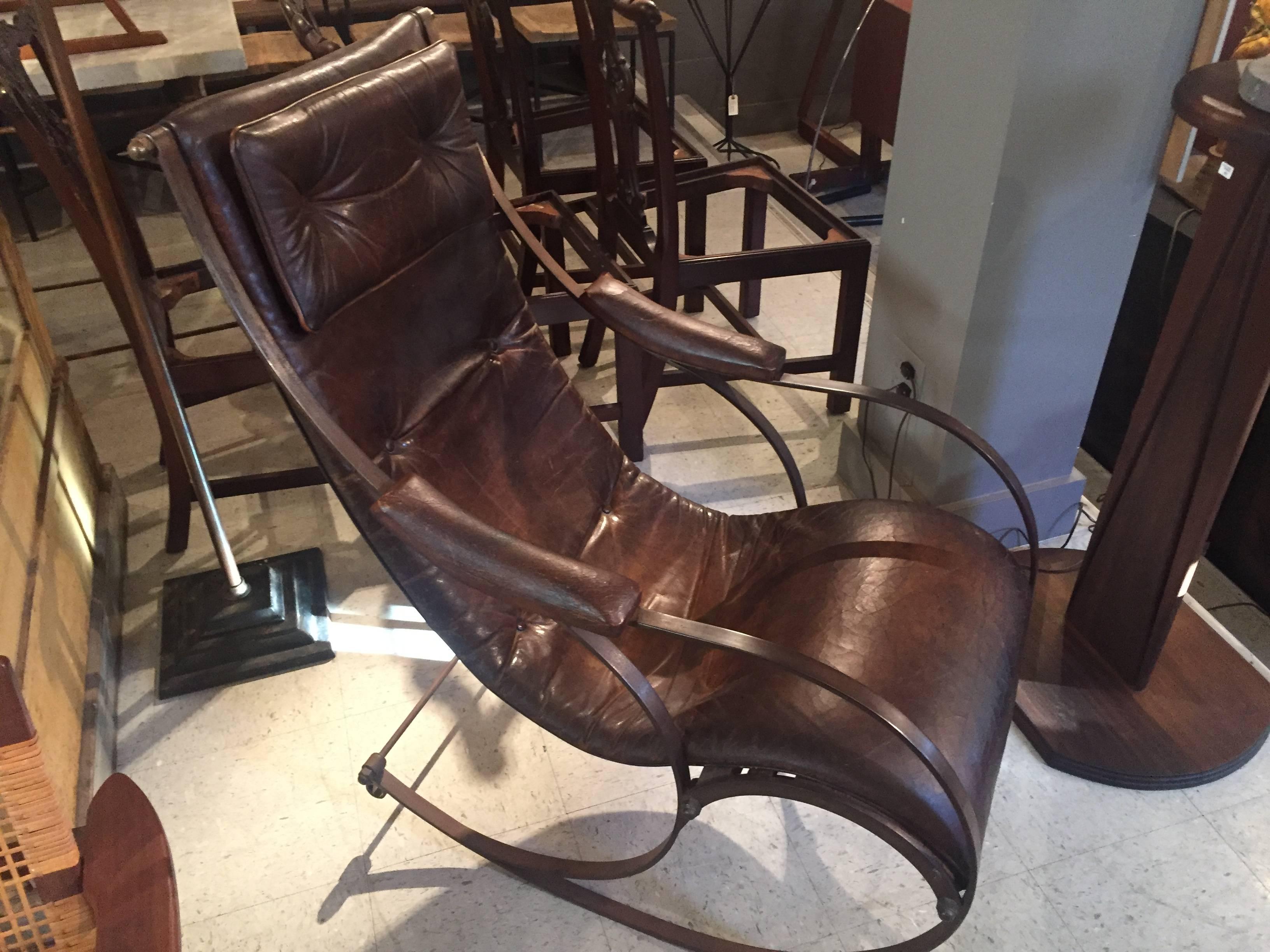 Midcentury Iron and Leather Rocking Chair For Sale 1