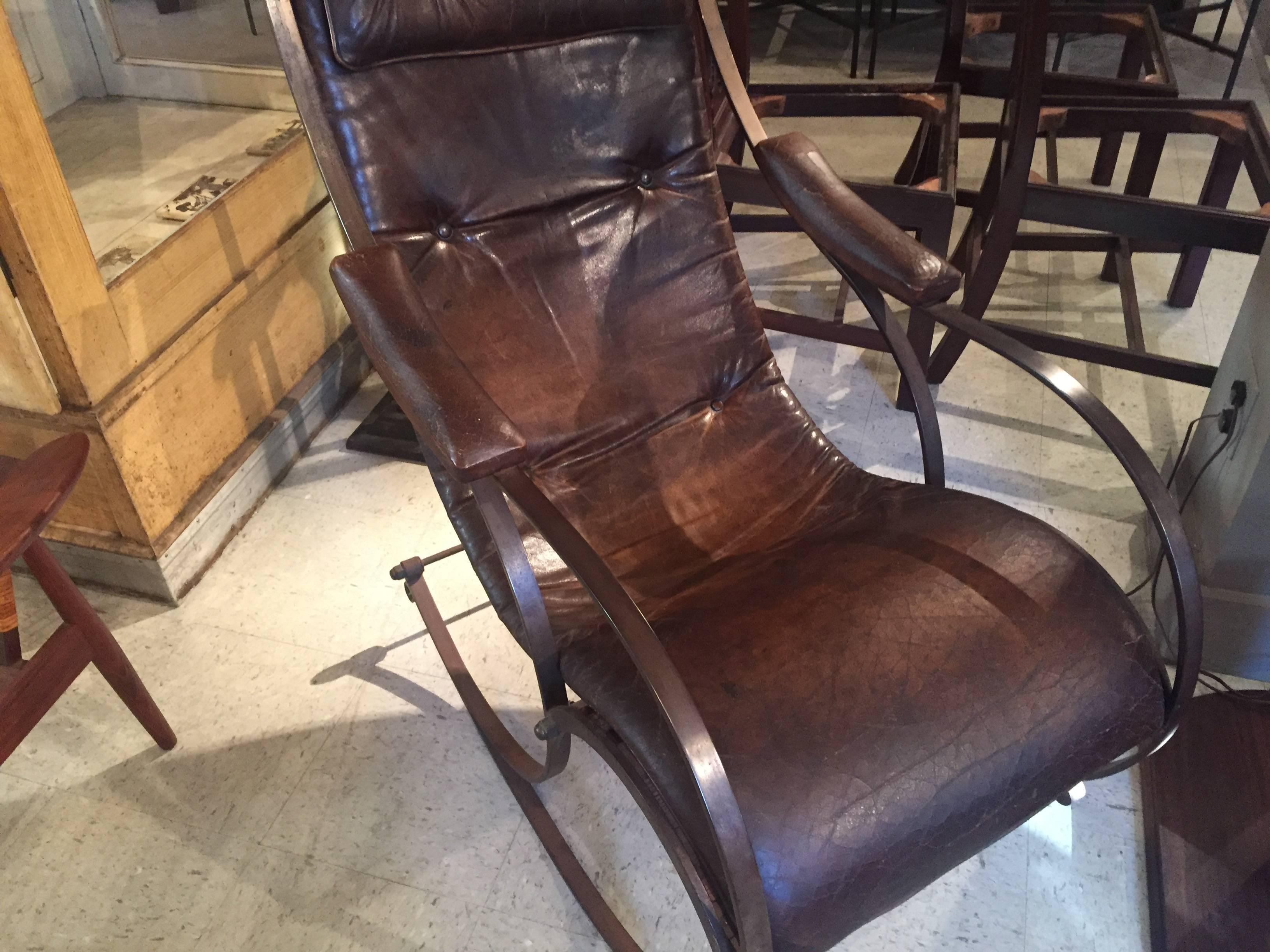 Midcentury Iron and Leather Rocking Chair For Sale 3