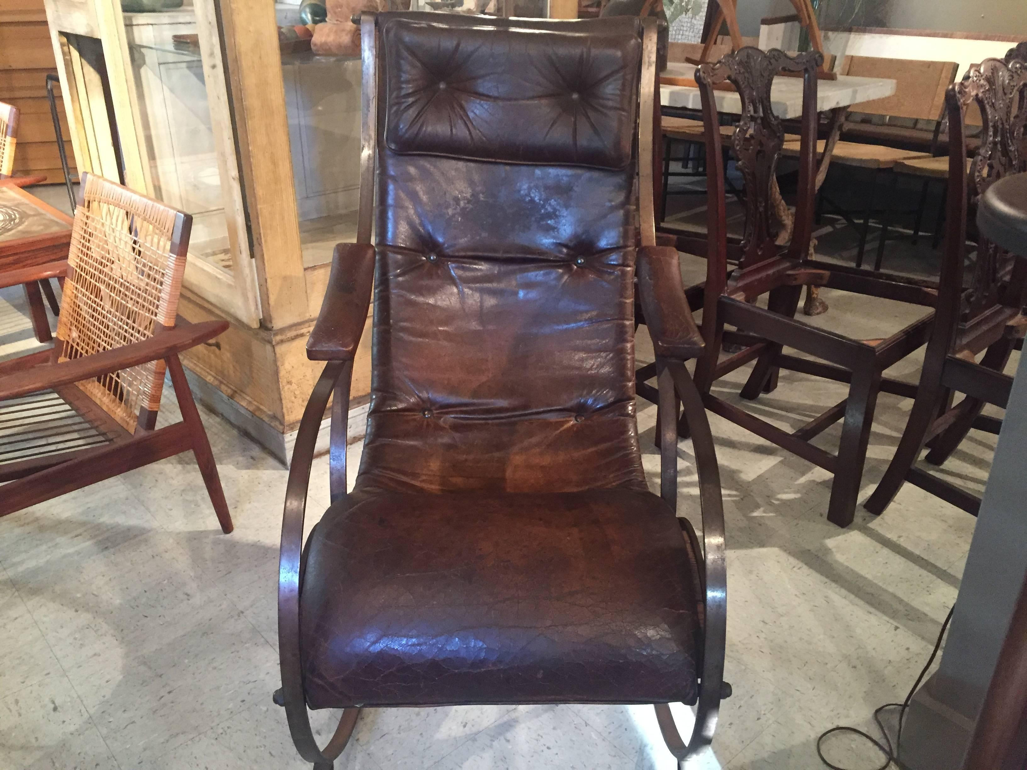 Midcentury Iron and Leather Rocking Chair For Sale 4