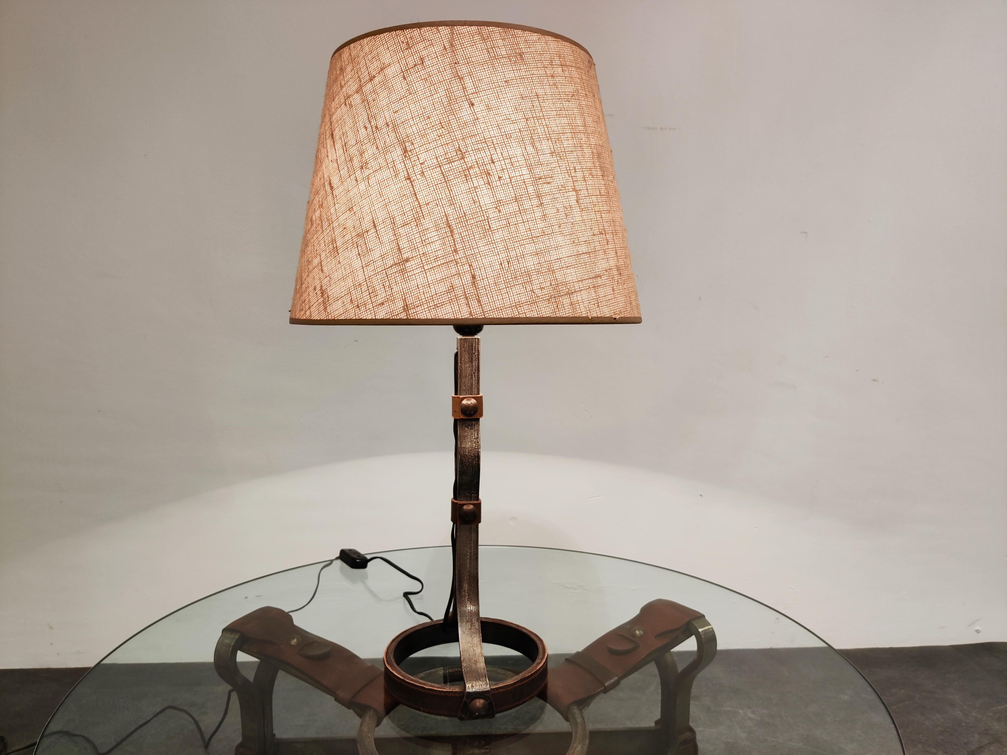 Mid-Century Modern Midcentury Iron and Leather Table Lamp by  Jacques Adnet, 1950s 
