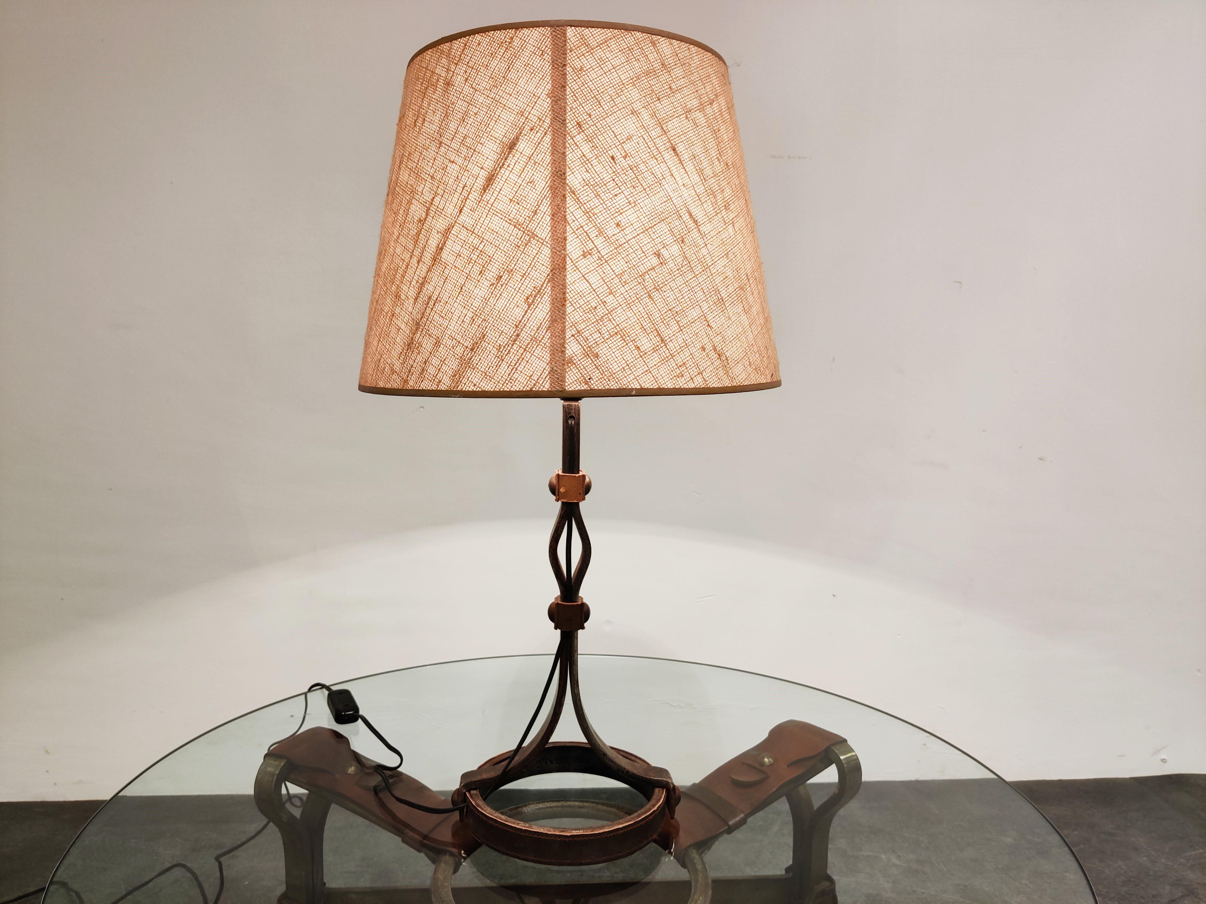 French Midcentury Iron and Leather Table Lamp by  Jacques Adnet, 1950s 