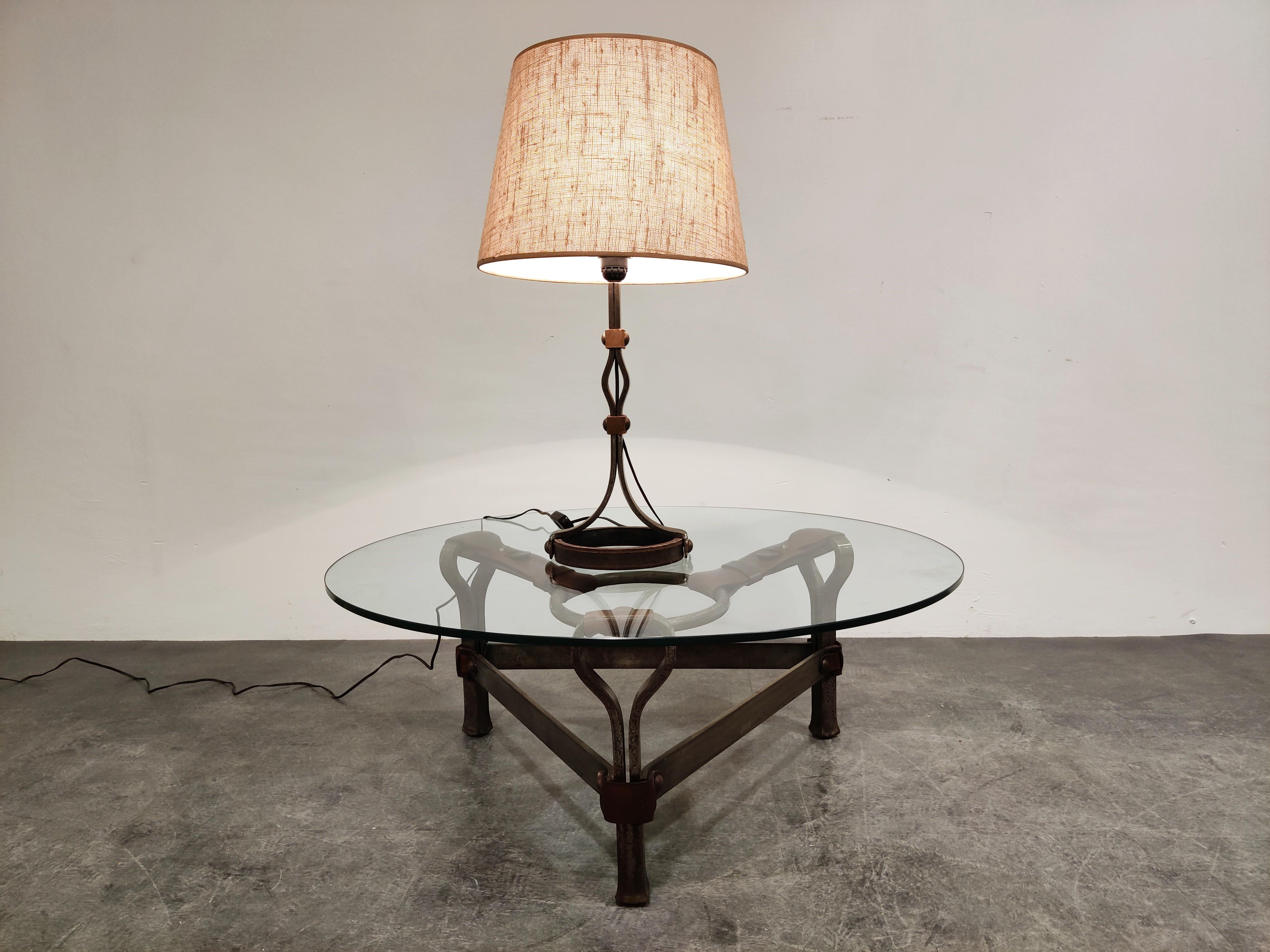 Midcentury Iron and Leather Table Lamp by  Jacques Adnet, 1950s  In Good Condition In HEVERLEE, BE