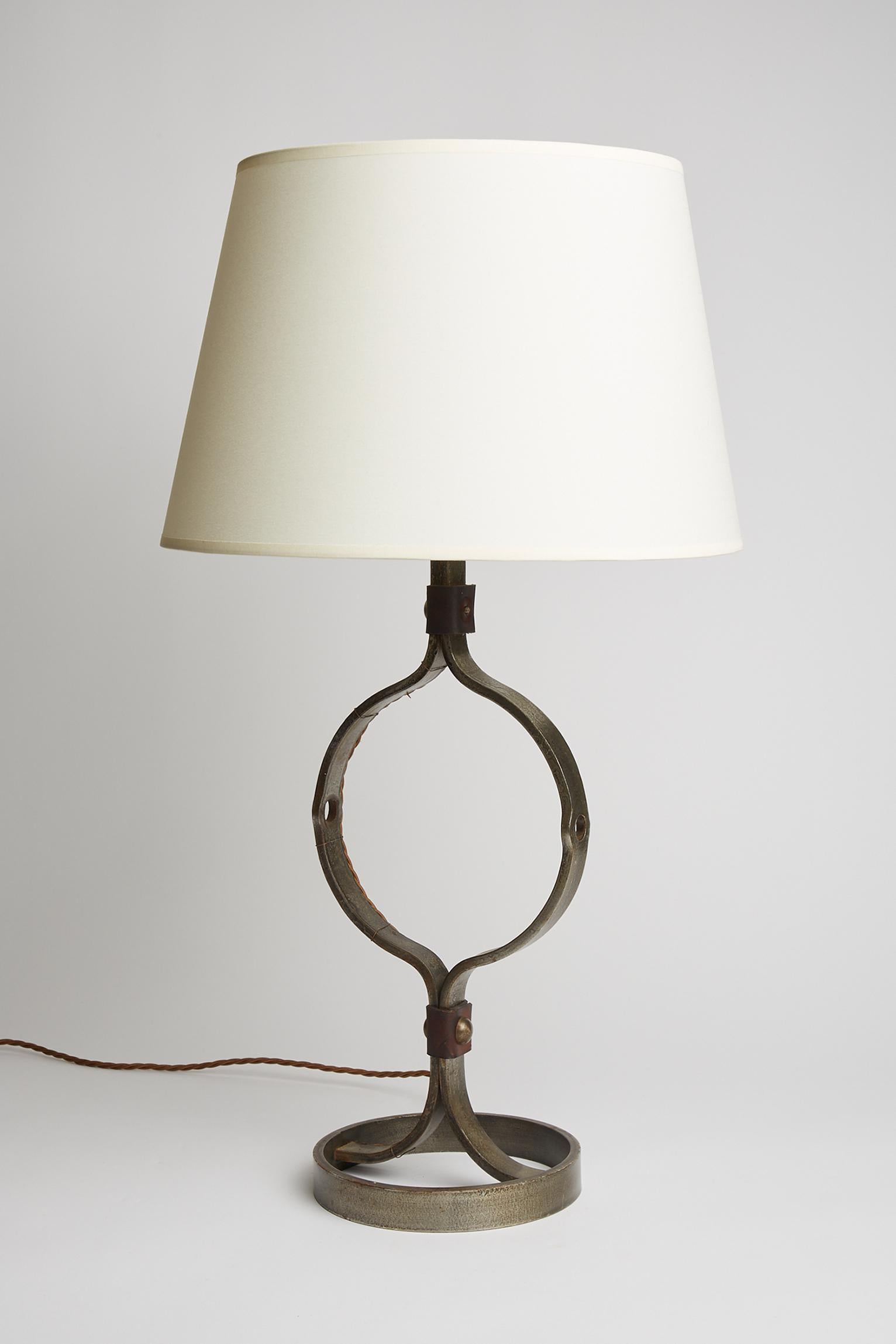 Mid-Century Modern Mid-Century Iron and Leather Table Lamp by Jean-Pierre Ryckaert For Sale