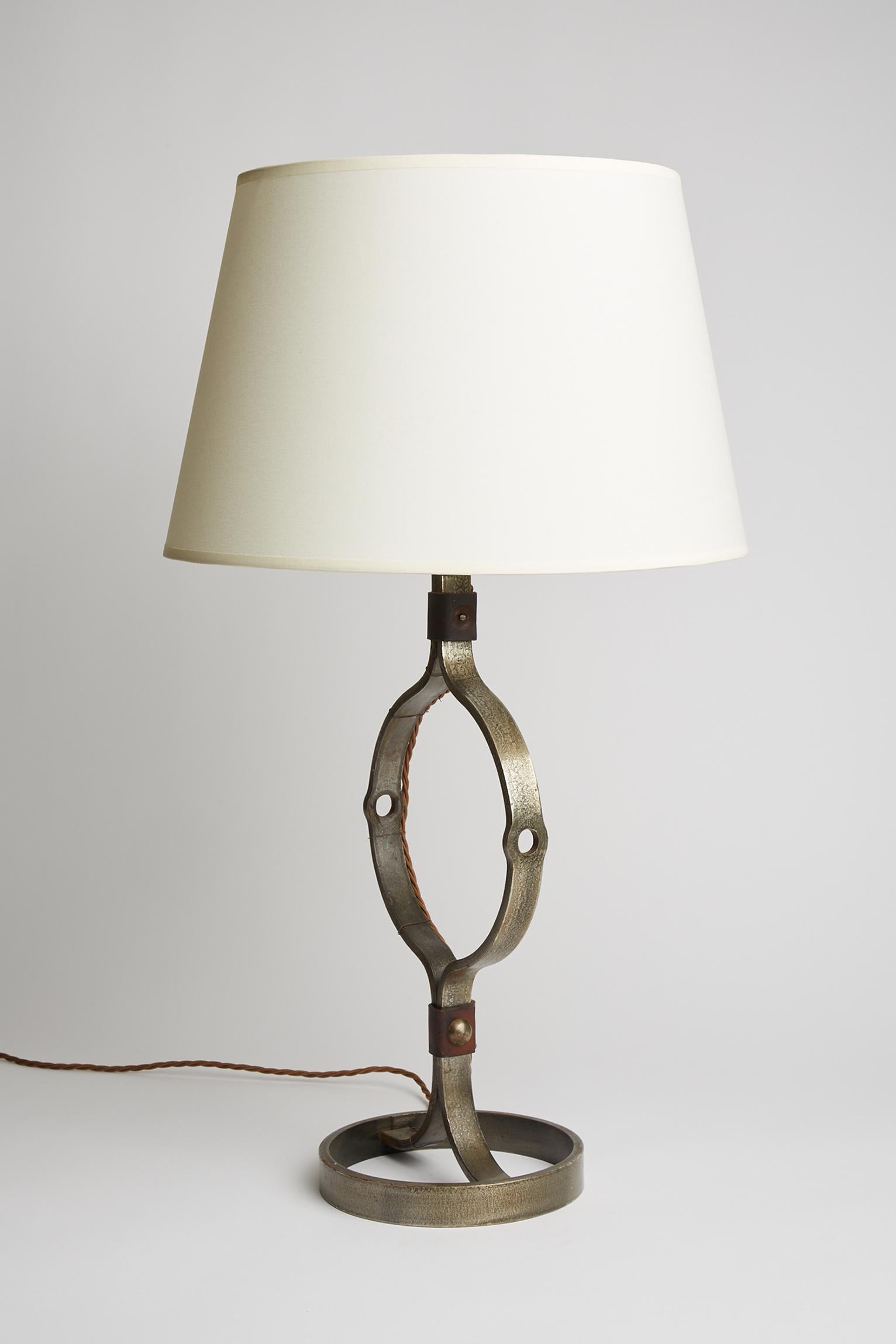 20th Century Mid-Century Iron and Leather Table Lamp by Jean-Pierre Ryckaert For Sale