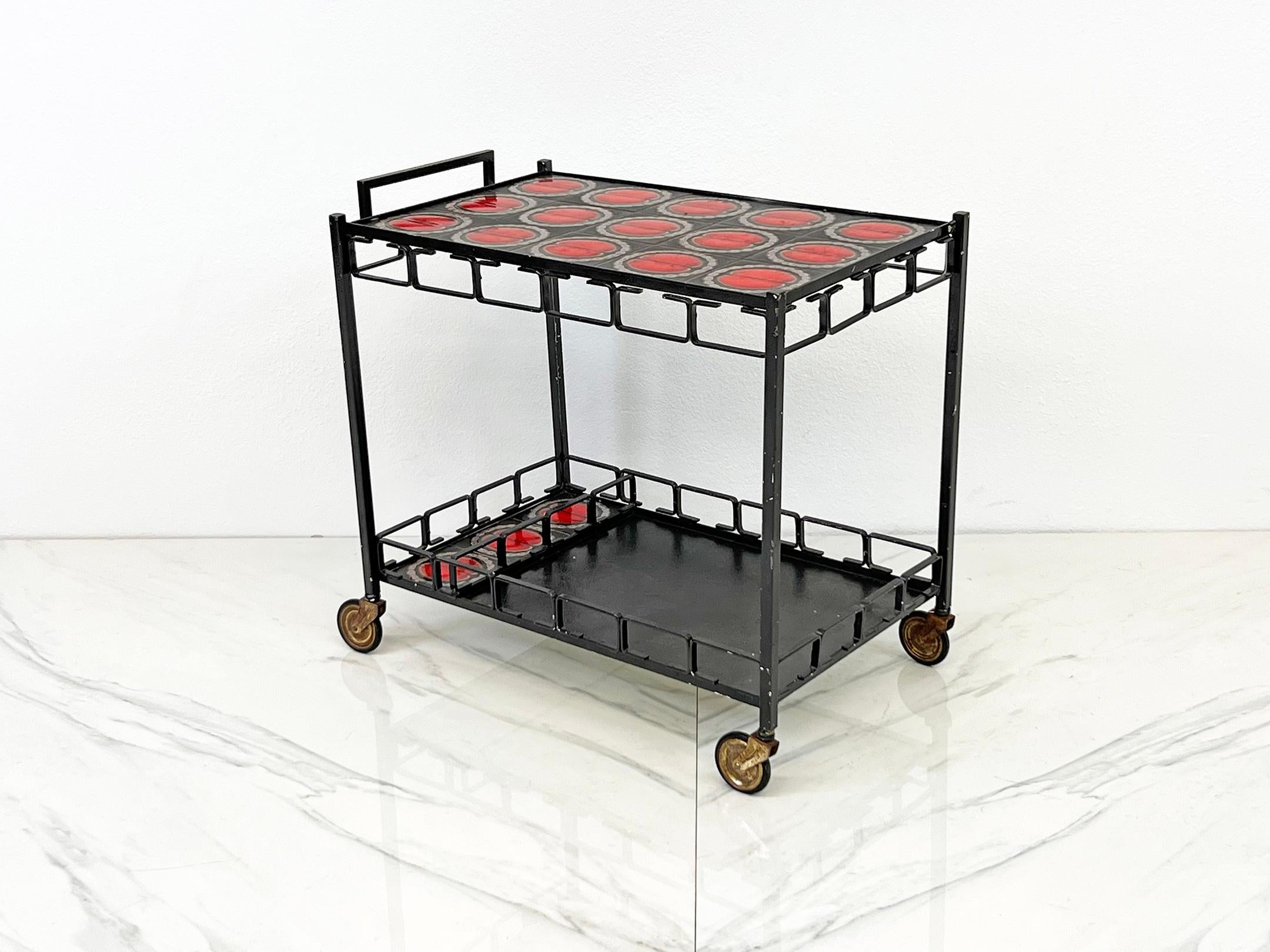Eisen- und Kachelintarsien-Barwagen aus der Mitte des Jahrhunderts, Dry Bar, ca. 1950er Jahre im Angebot 4