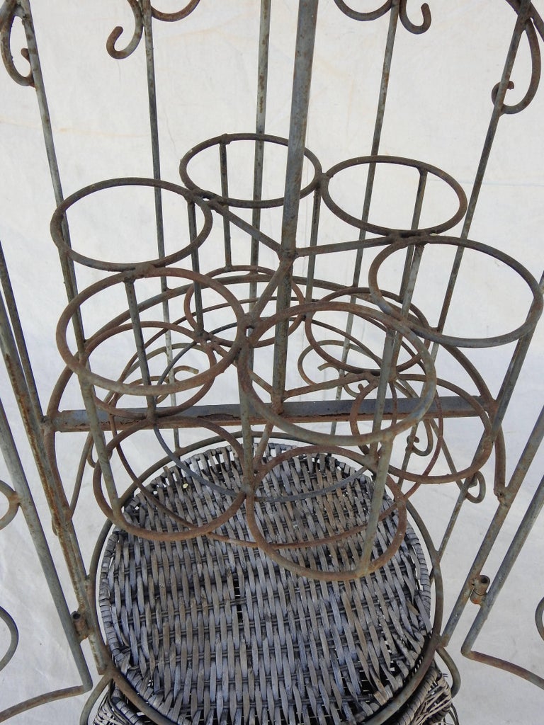 Midcentury Iron and Wicker Wine Rack For Sale at 1stdibs