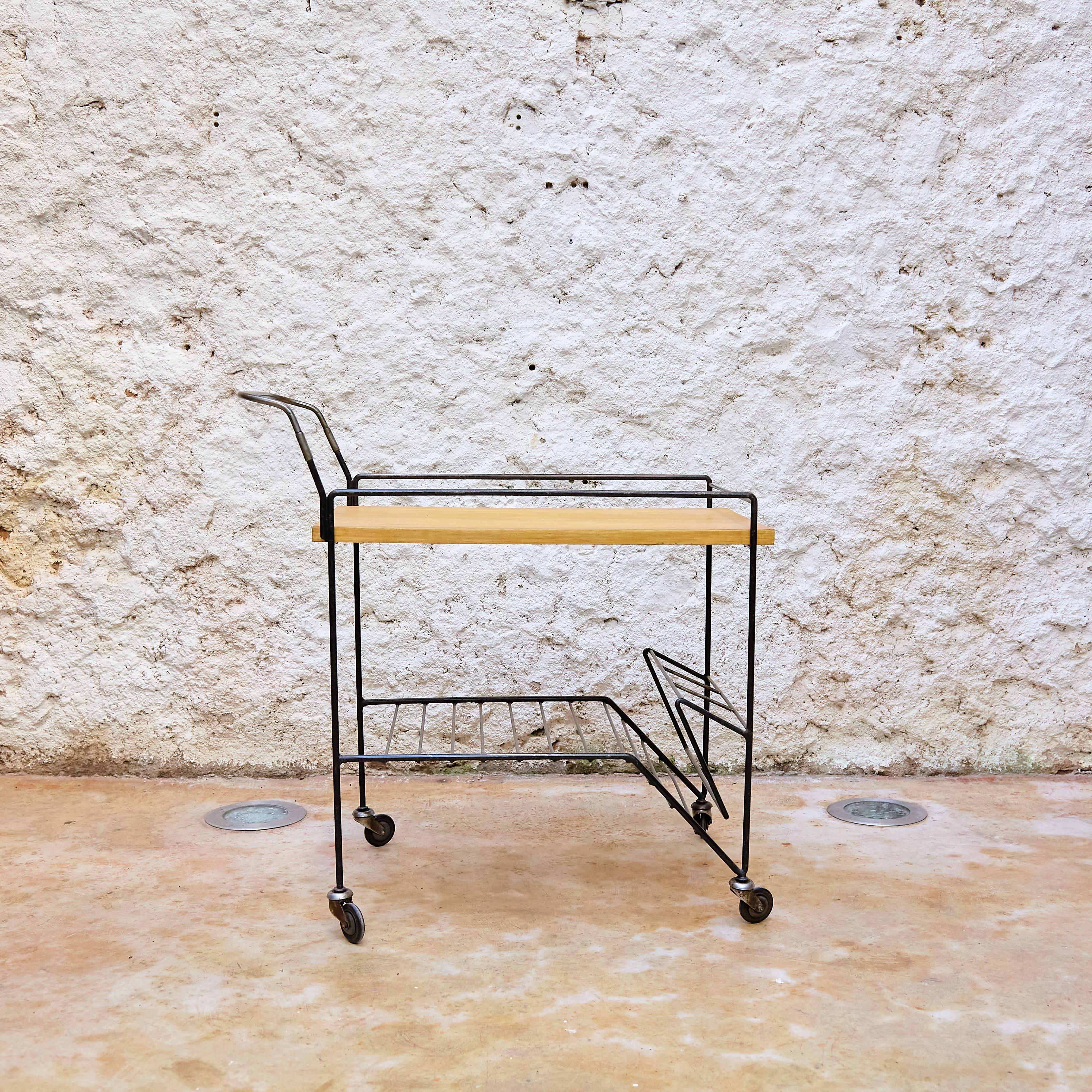 French Mid-Century, Iron and Wood Trolley after Mathieu Mategot, circa 1960 For Sale