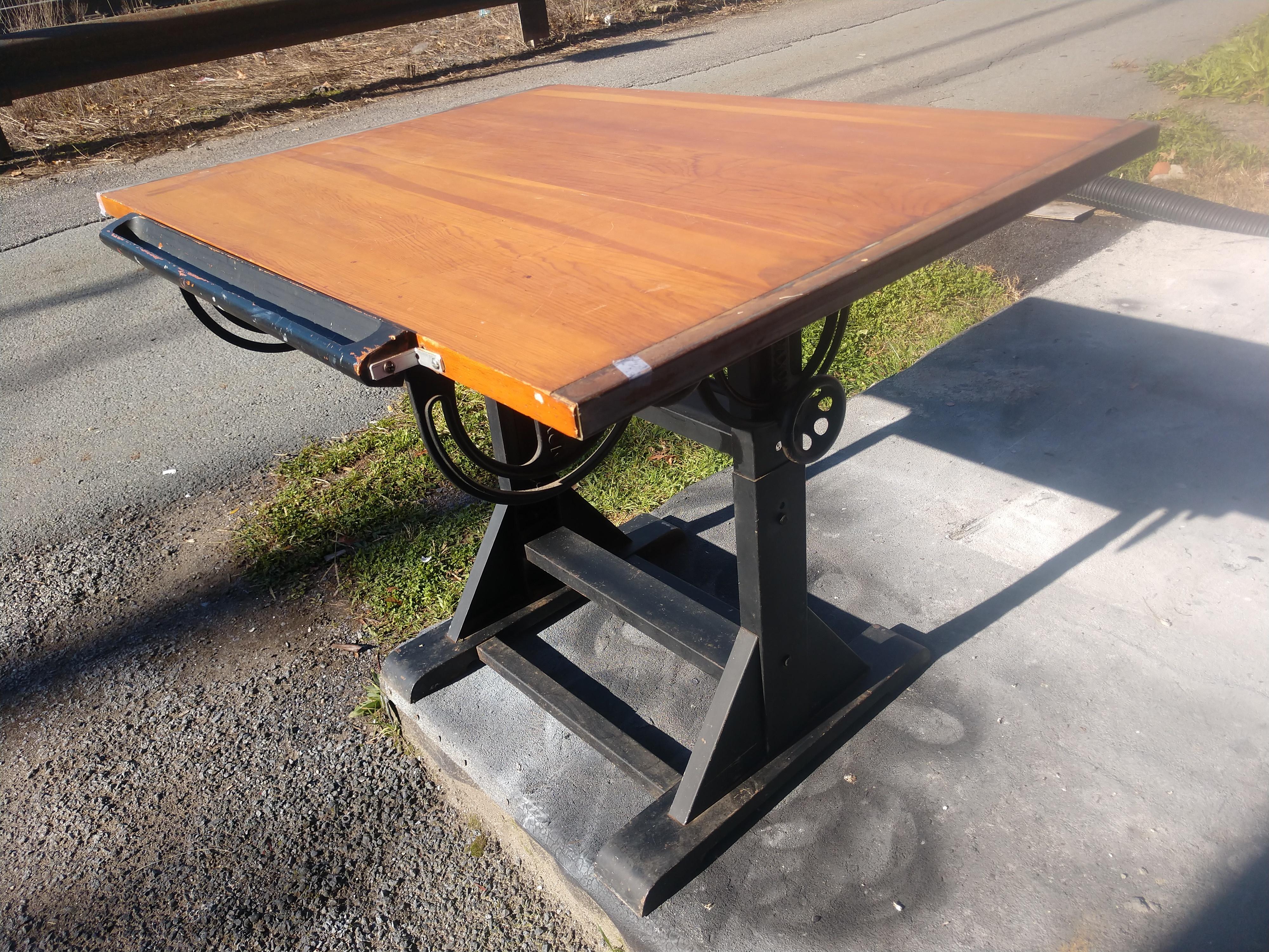 Mid Century Iron Base & Wood Top Drafting Table by Saxon C1955 In Good Condition In Port Jervis, NY