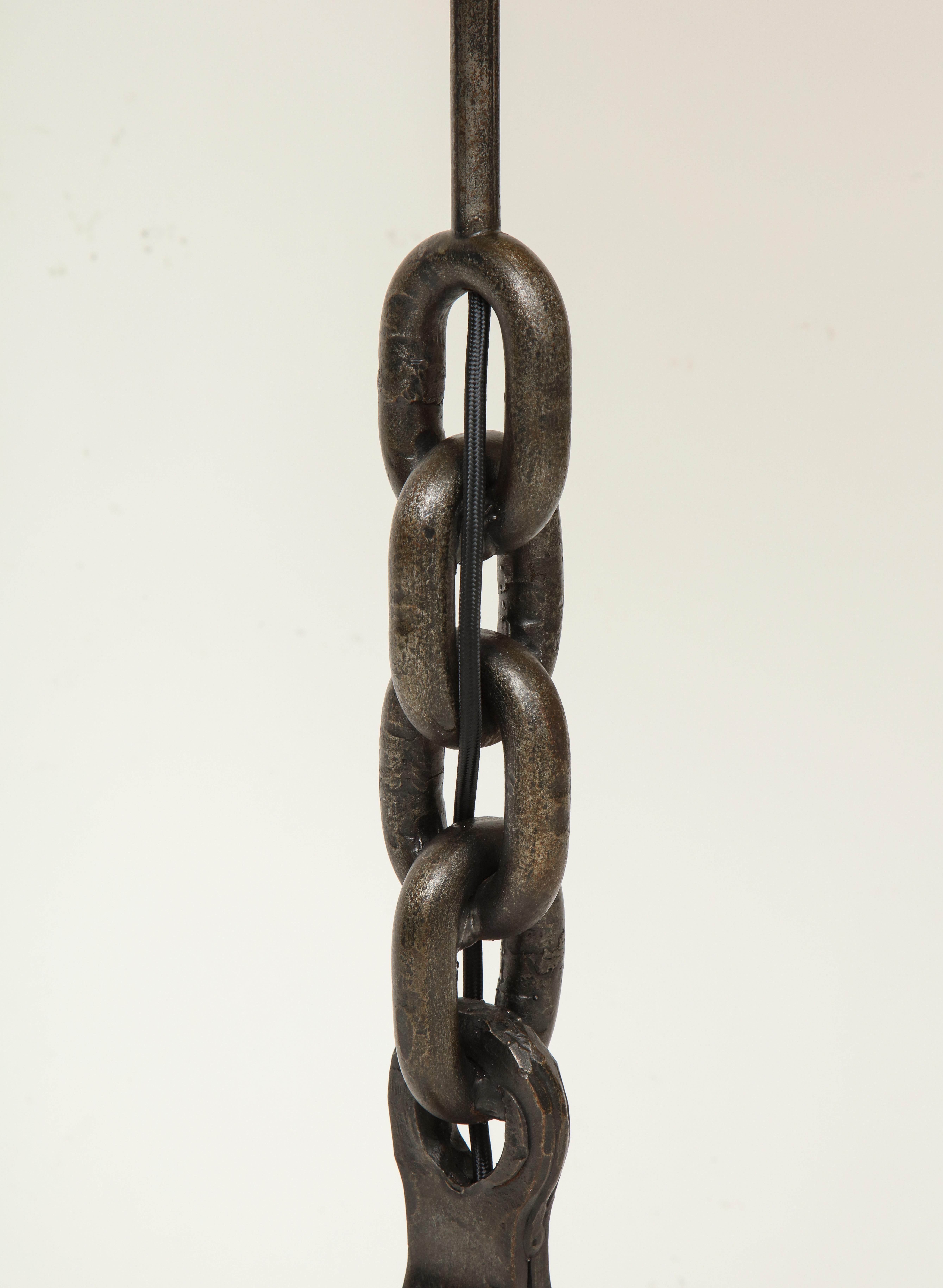 Mid-Century Modern Franz West Inspired Iron Chain Black Shade Attr. Adnet Horshoe Tall Lamp, France For Sale